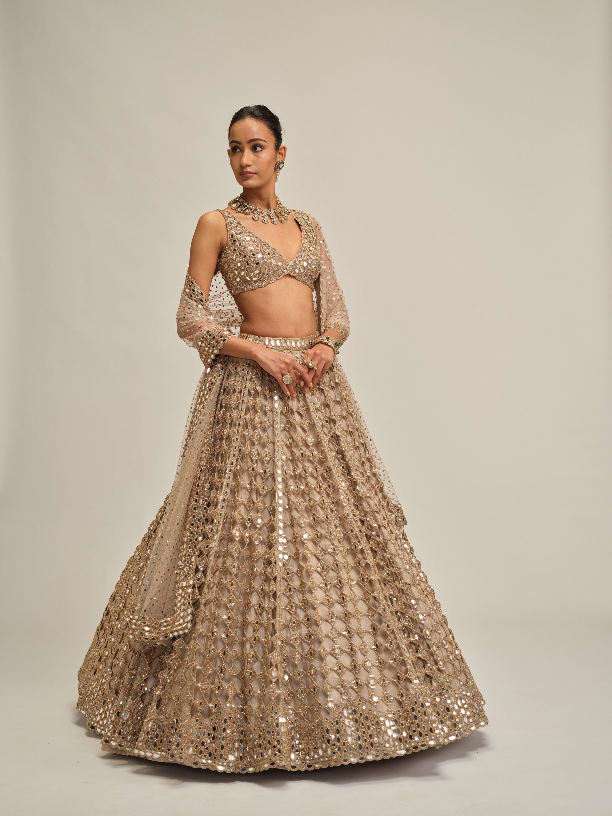 Light Beige Diamond Mirror Cutwork Lehenga Set