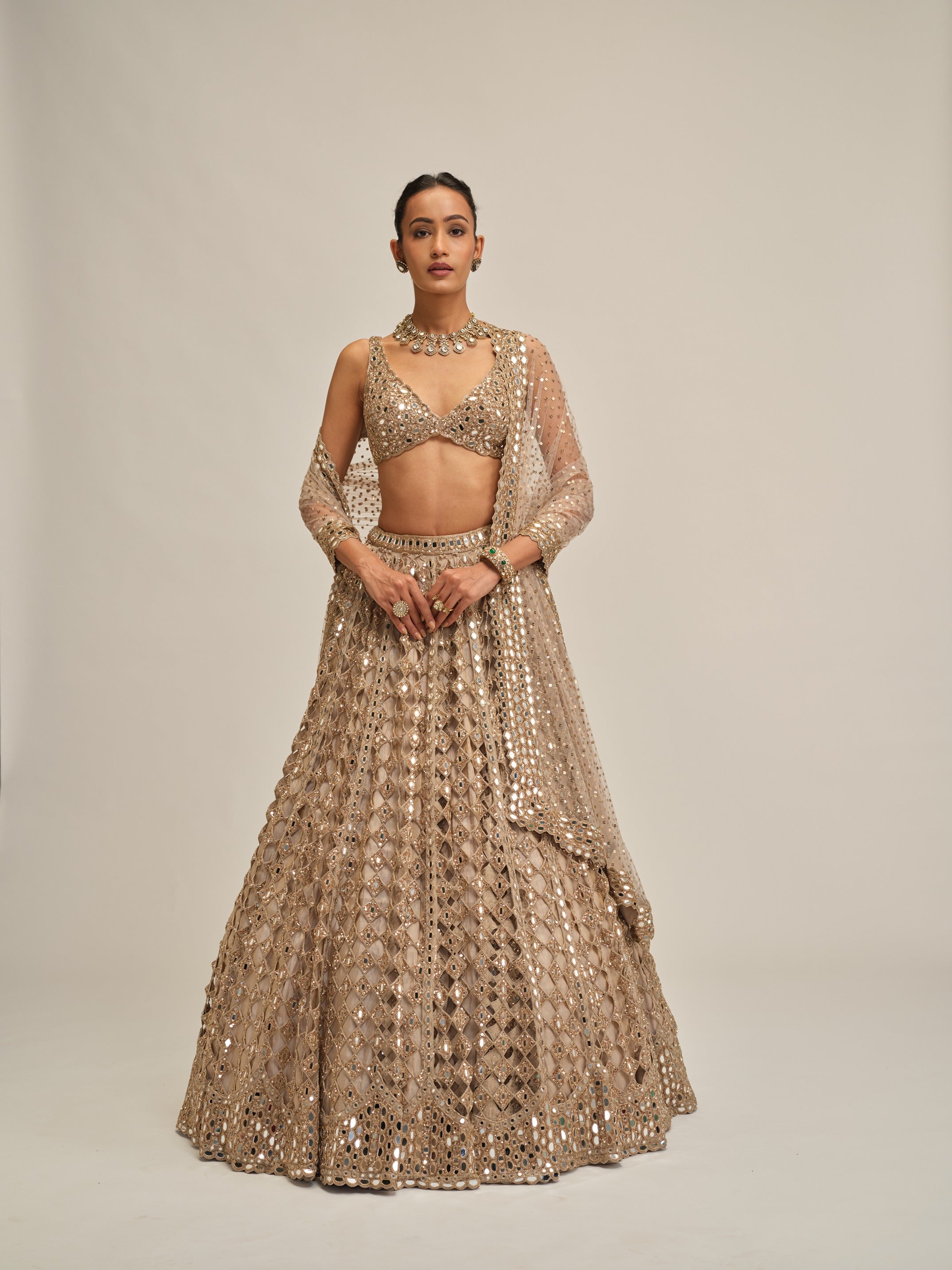 Light Beige Diamond Mirror Cutwork Lehenga Set