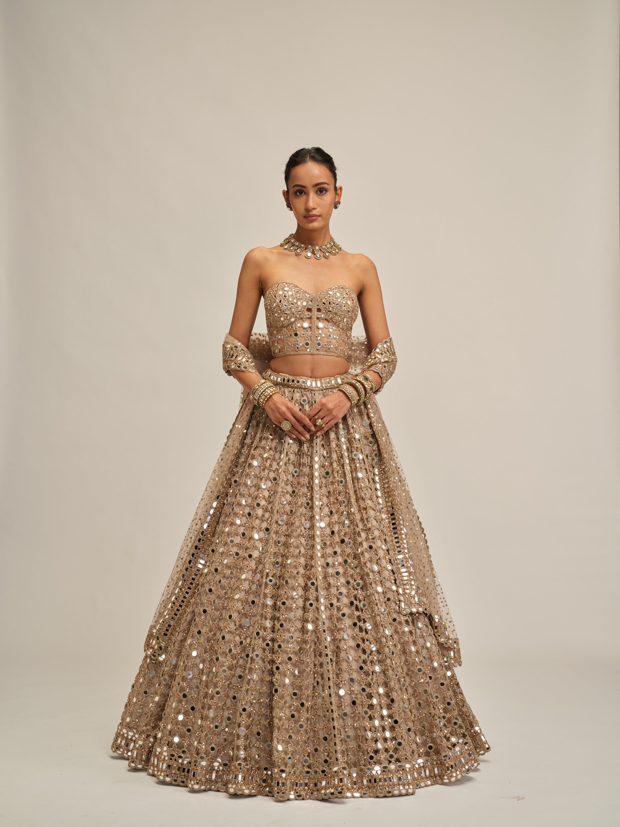Light Beige Diamond Mirror Cutwork Lehenga With Corset Set