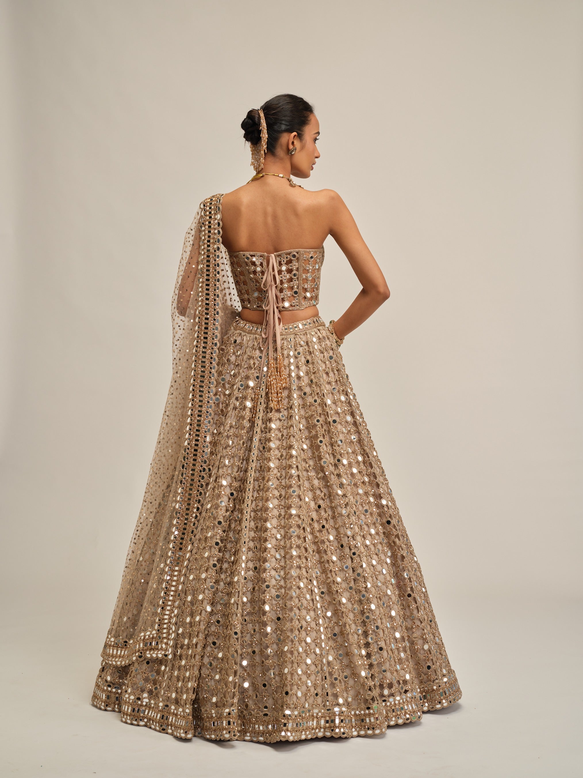 Light Beige Diamond Mirror Cutwork Lehenga With Corset Set