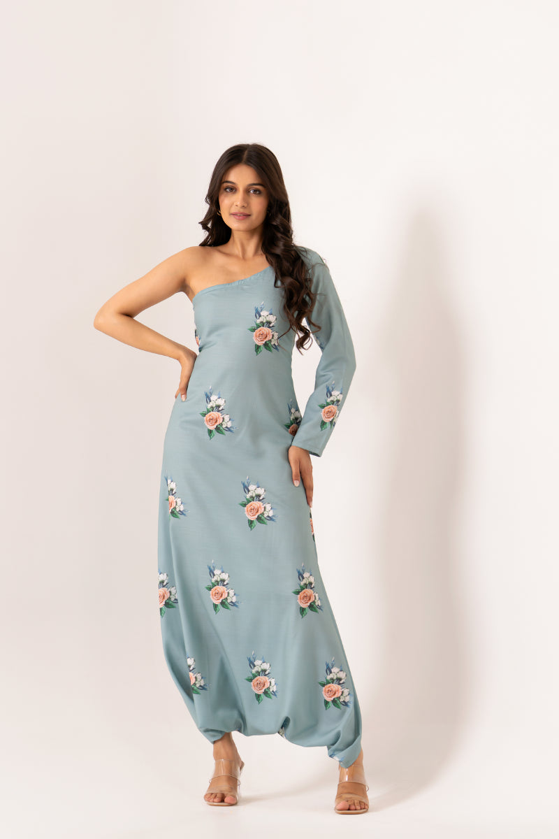 Dusty Teal One-Shoulder Dhoti Jumpsuit