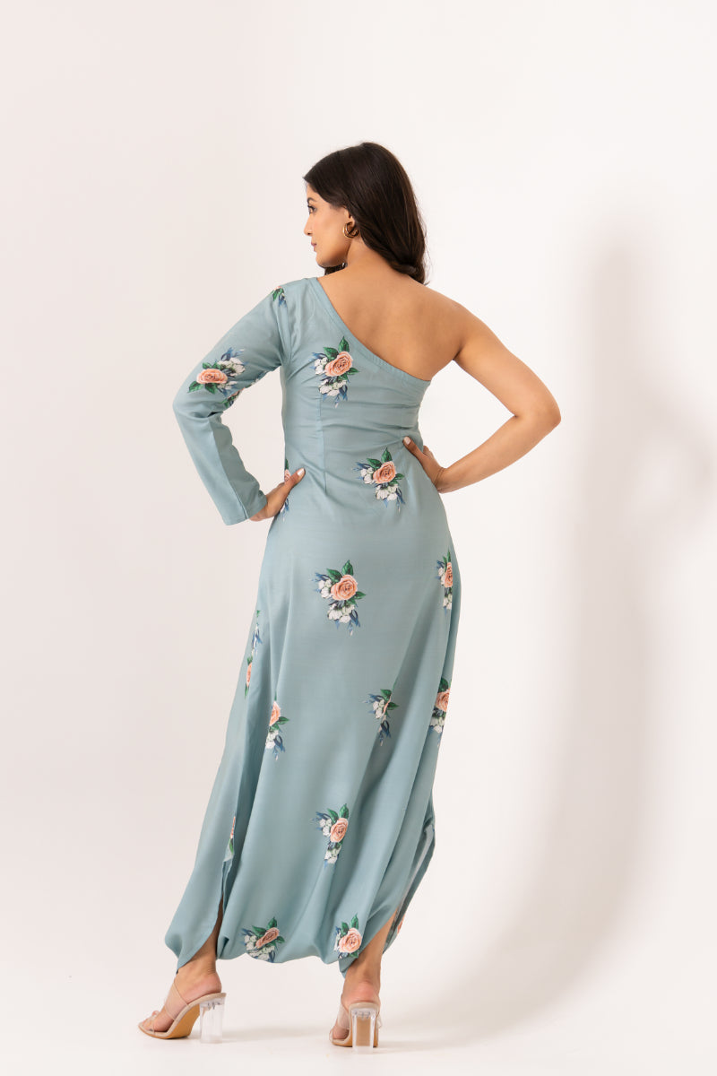 Dusty Teal One-Shoulder Dhoti Jumpsuit