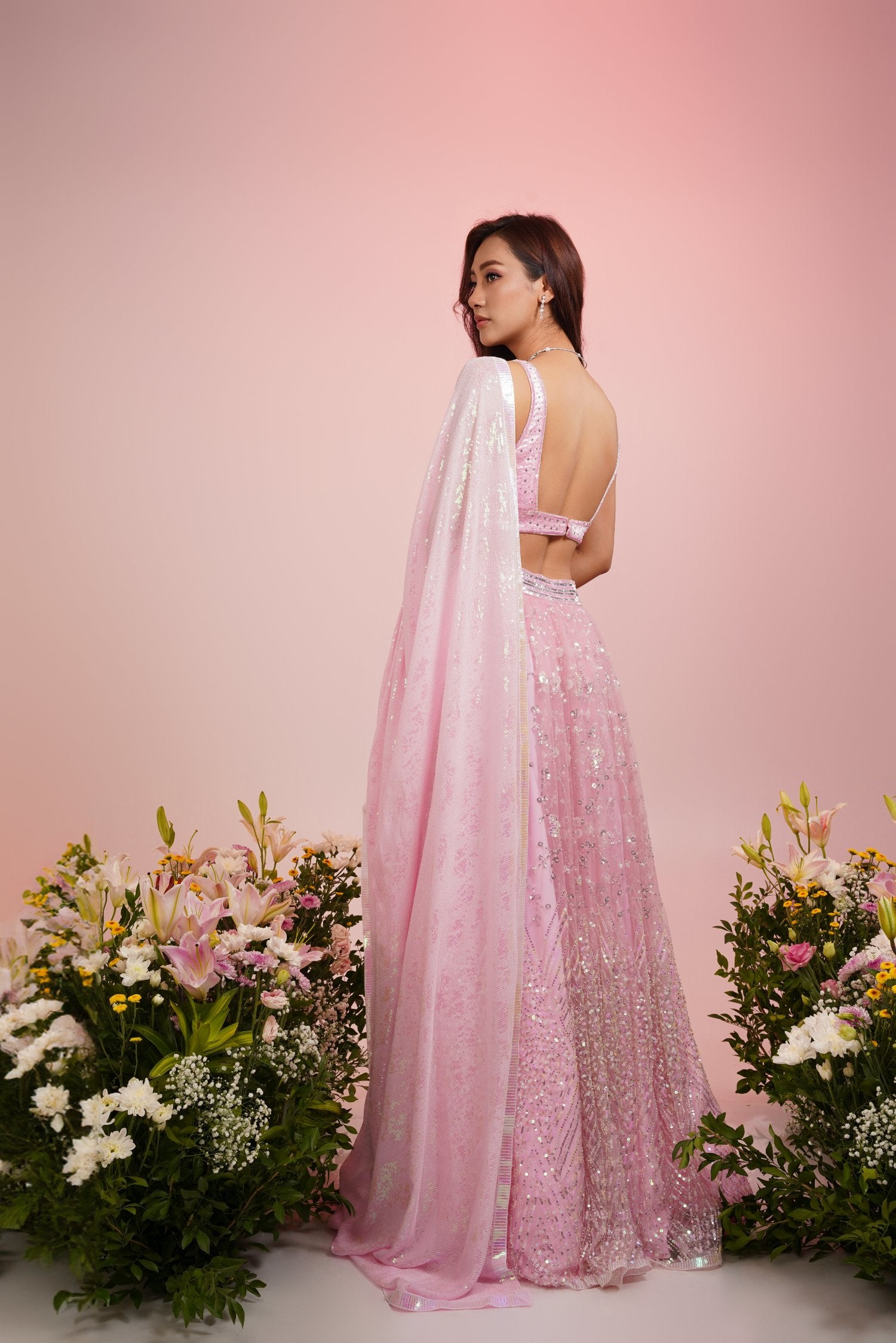 Pink Net Embroidered Lehenga Set