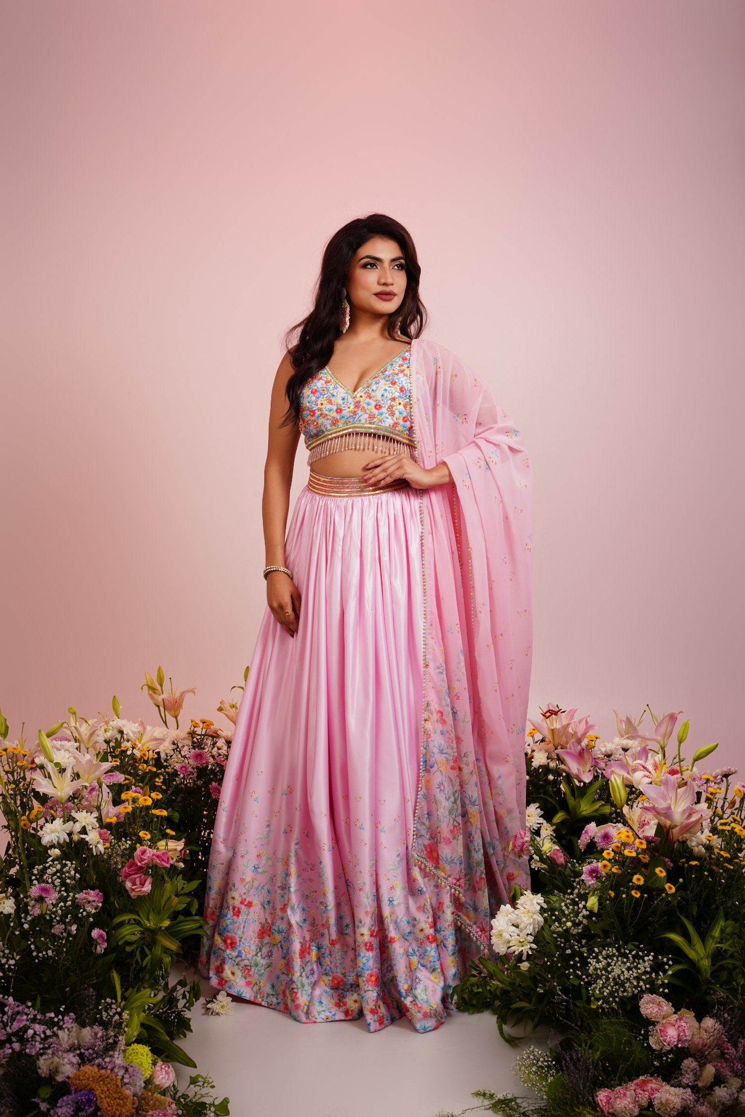 Pink Satin Floral Embroidered Lehenga Set