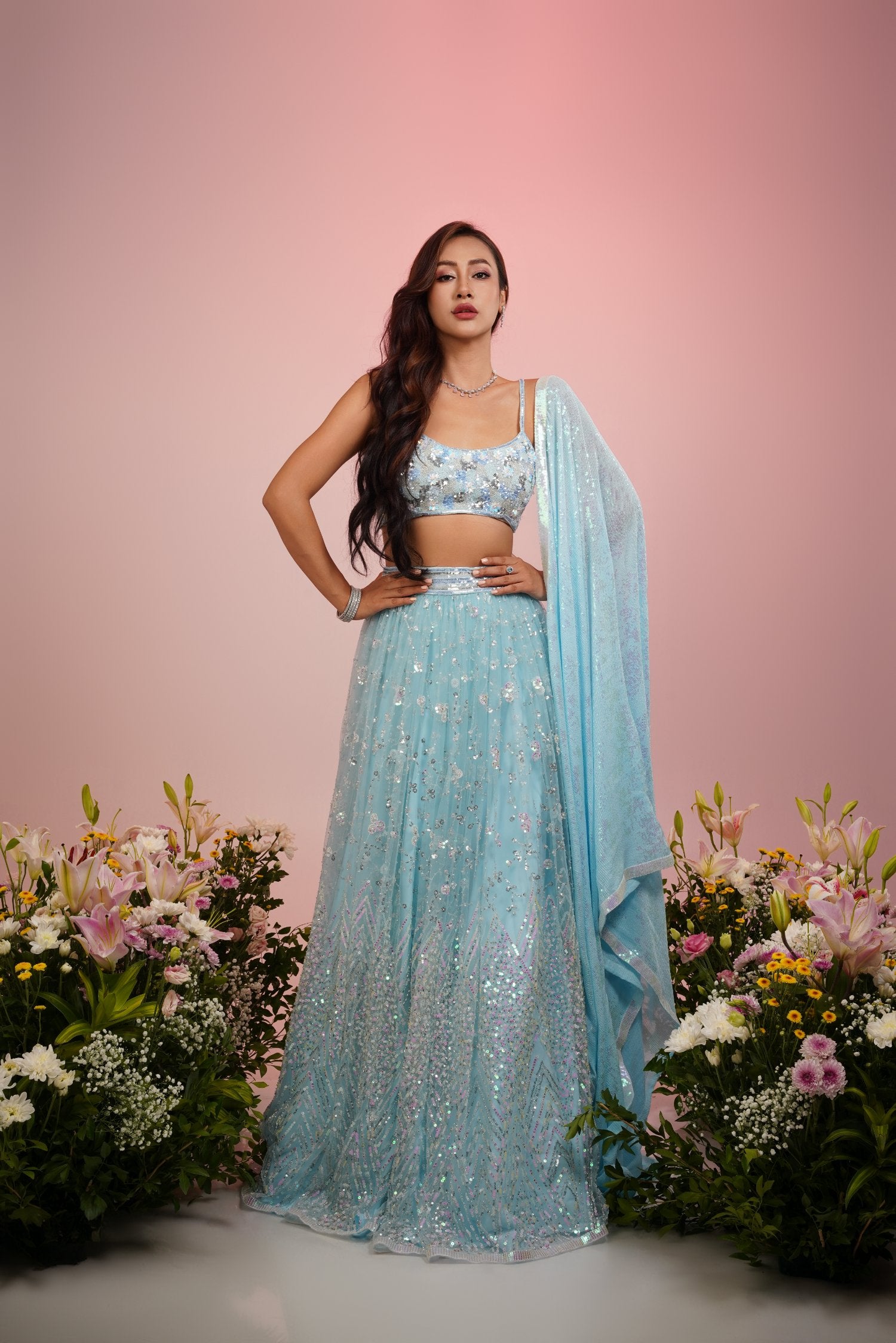 Ice Blue Embroidered Lehenga Set