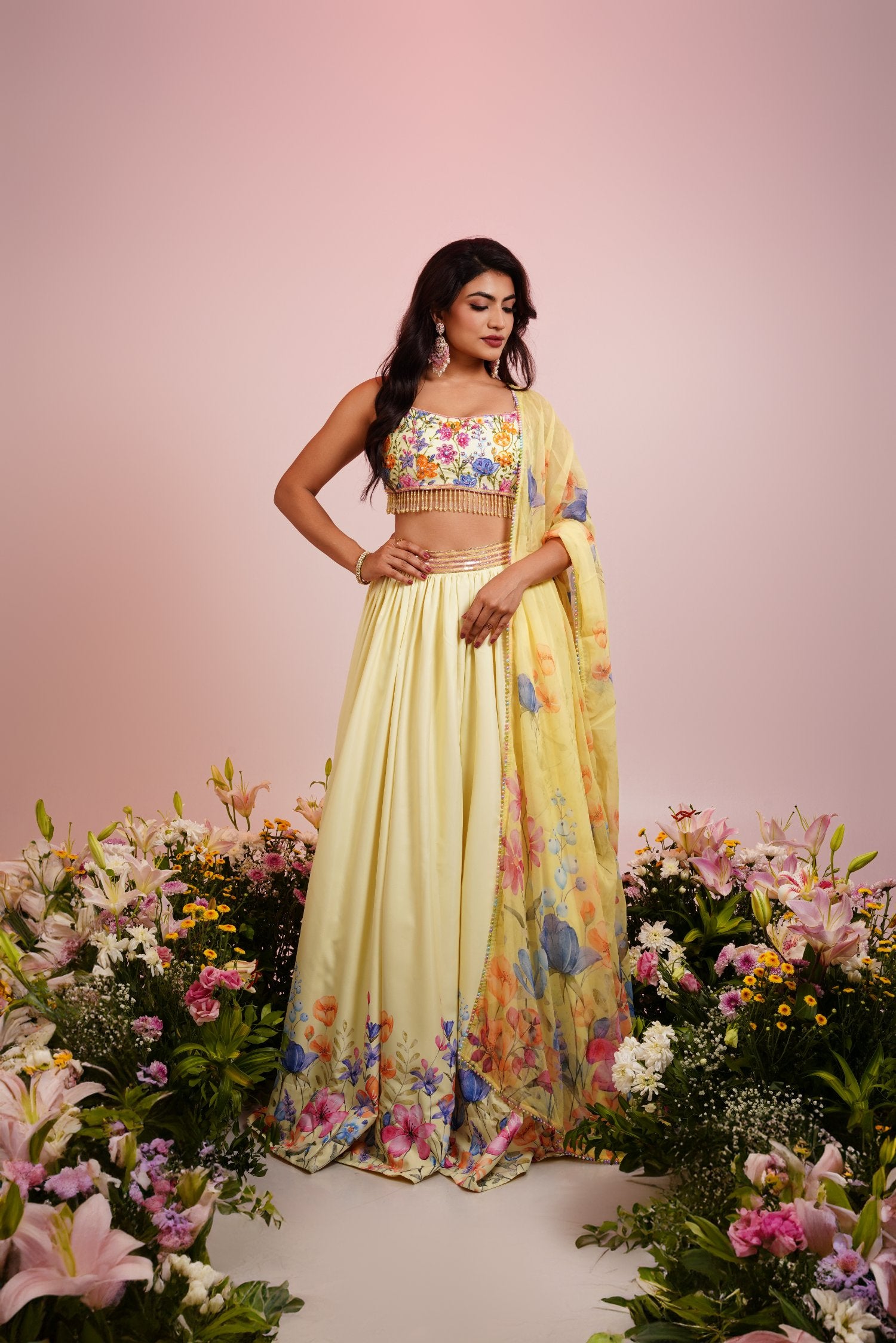 Yellow Floral Hand Embroidered Lehenga Set