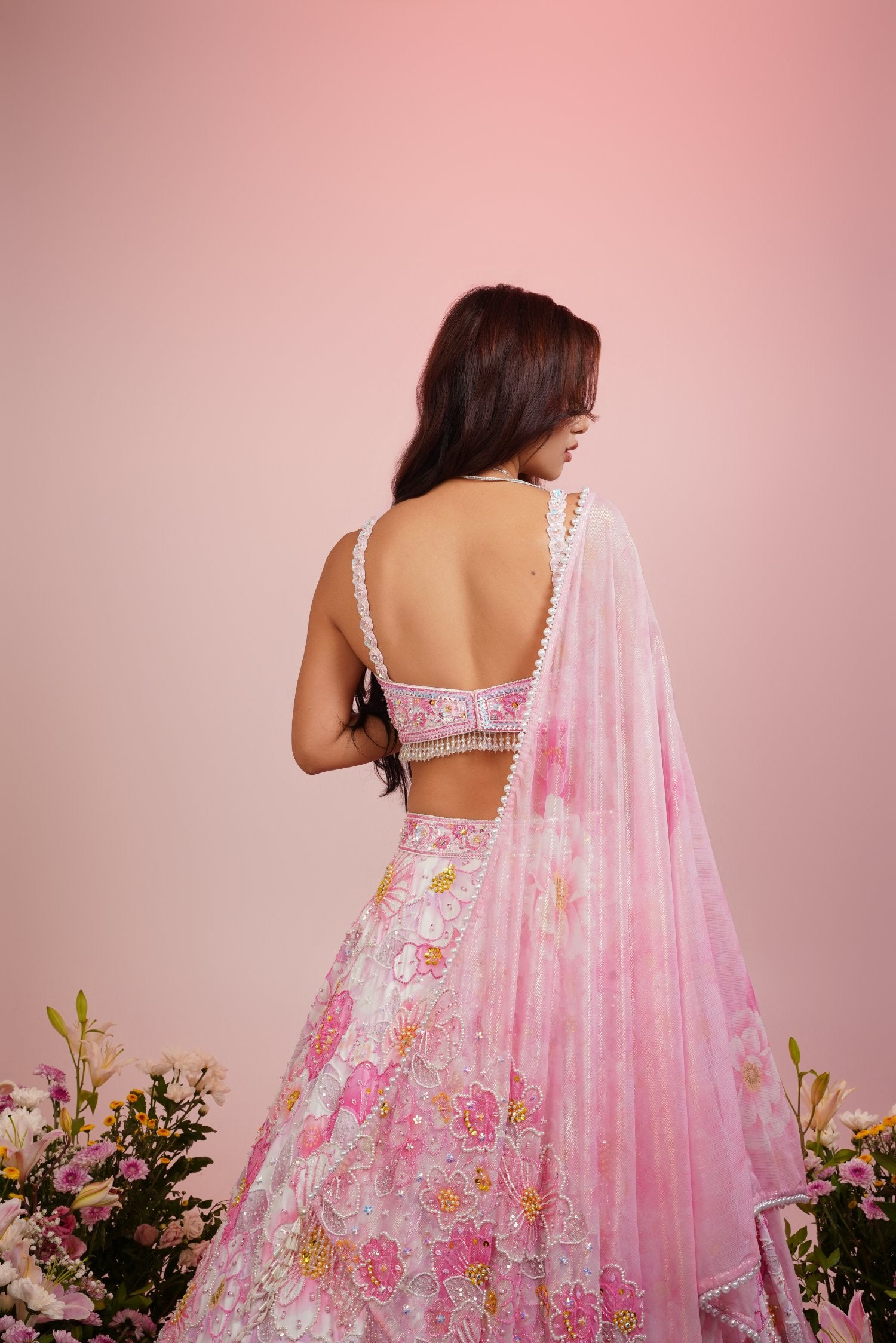 Pink Flower Embroidered Lehenga Set