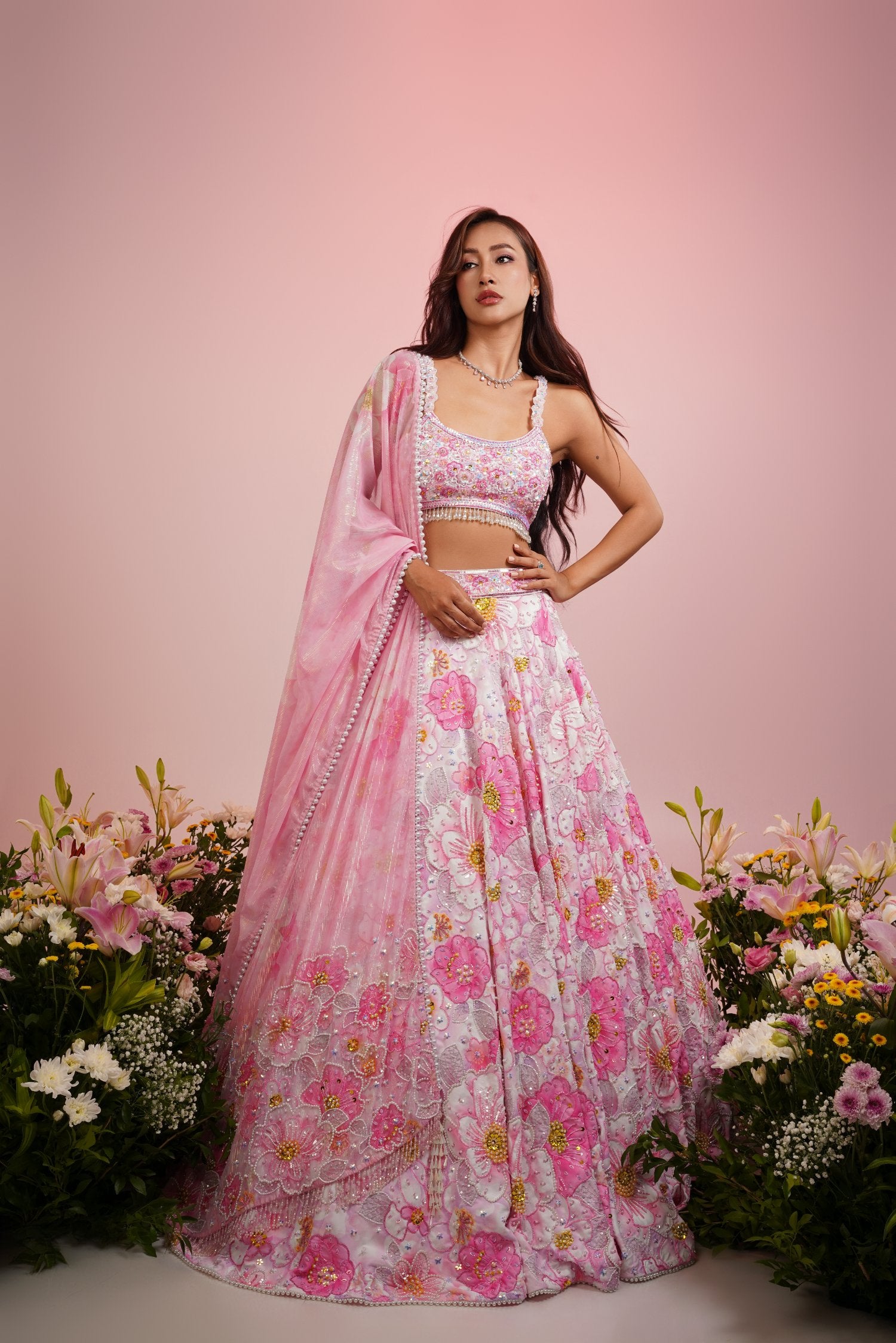 Pink Flower Embroidered Lehenga Set