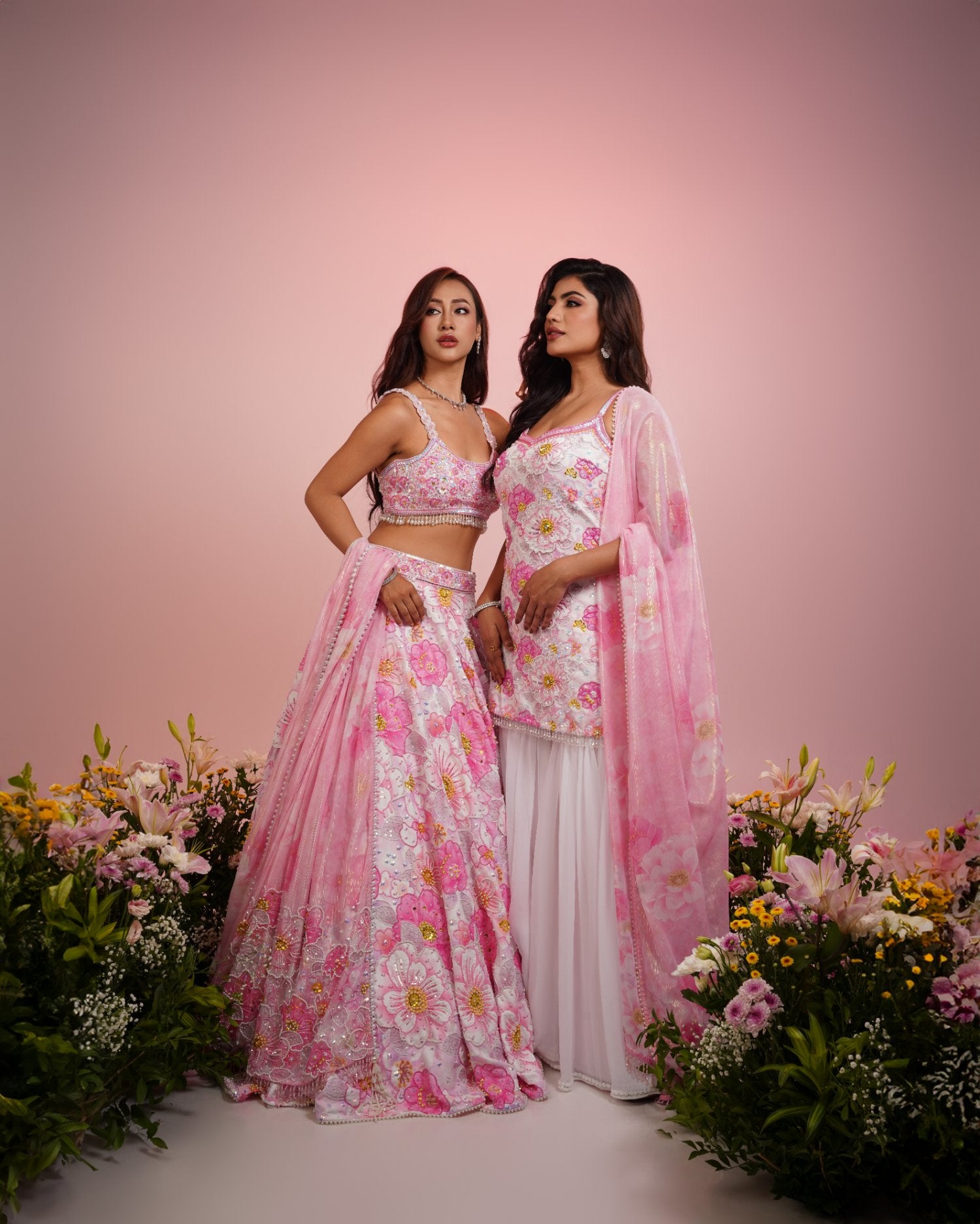 Pink Flower Embroidered Sharara Set
