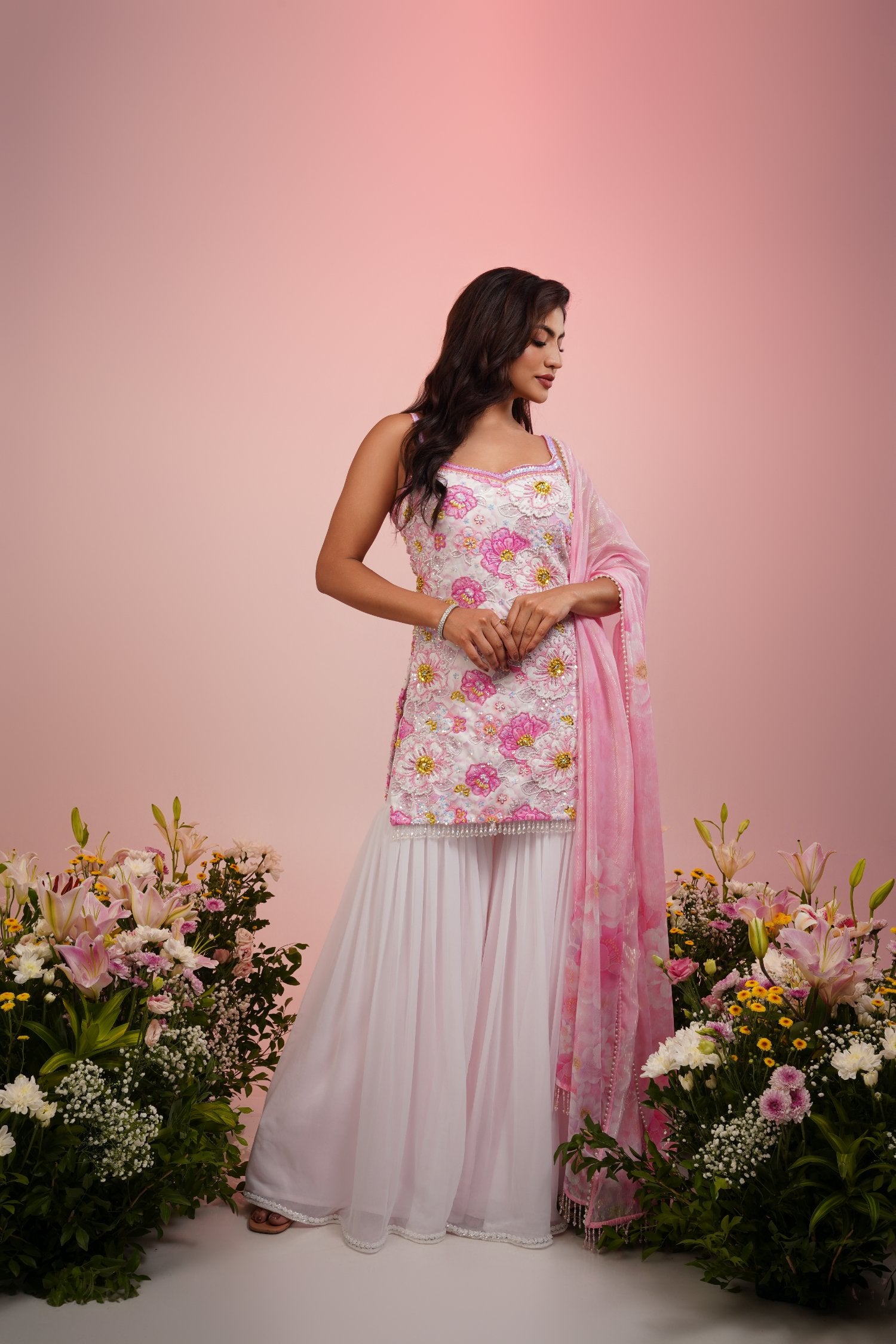 Pink Flower Embroidered Sharara Set
