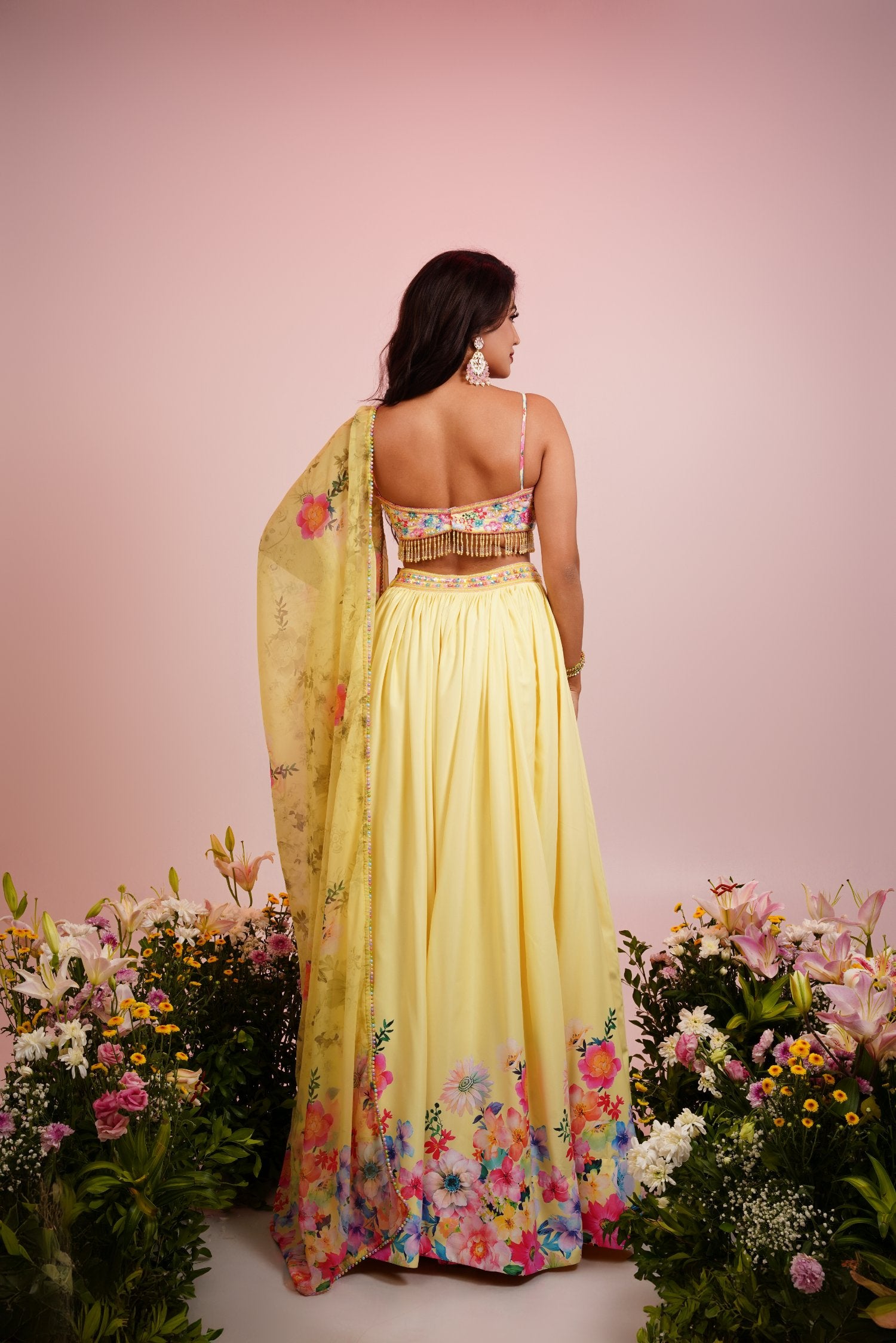 Yellow Floral Printed Embroidered Lehenga Set