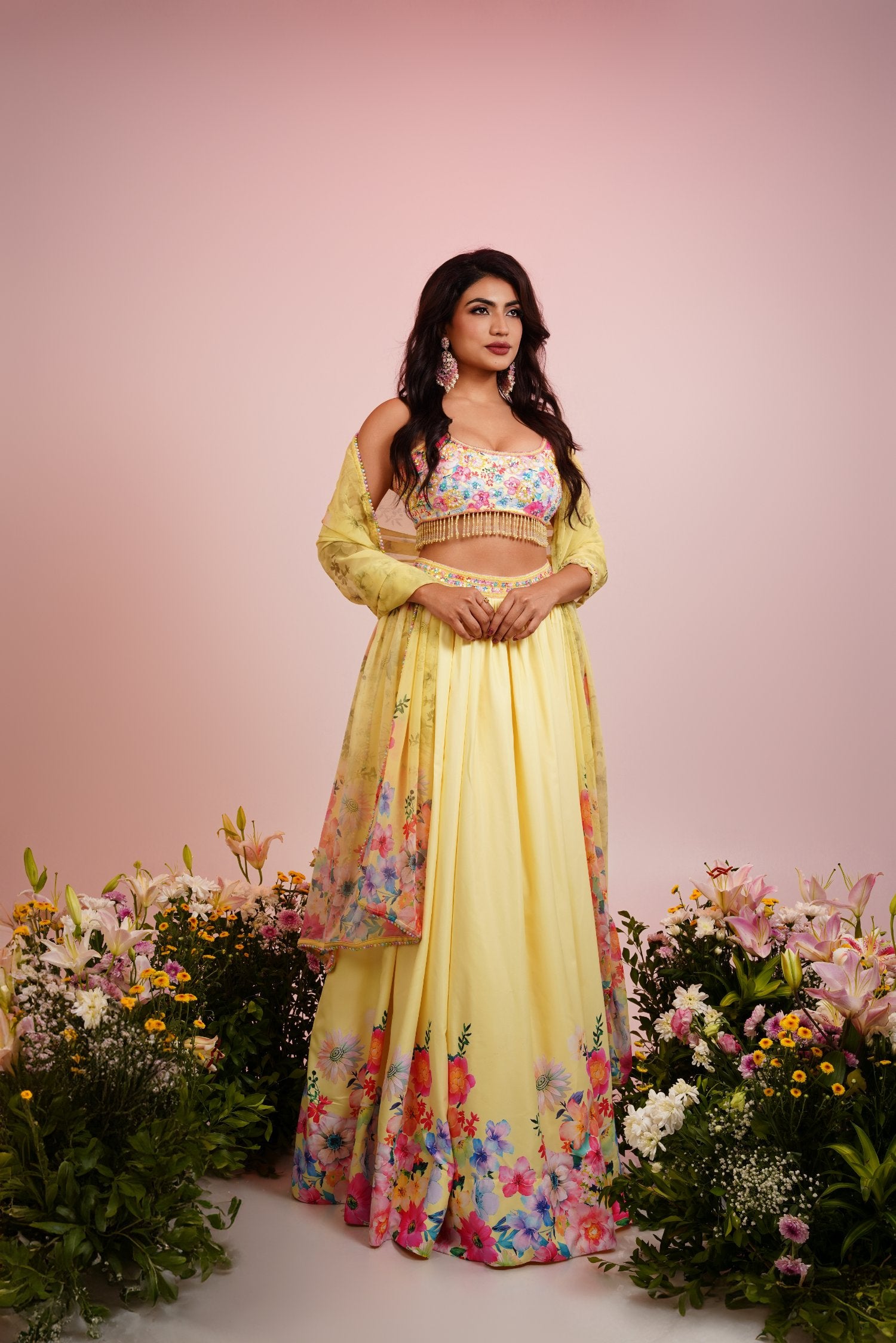 Yellow Floral Printed Embroidered Lehenga Set