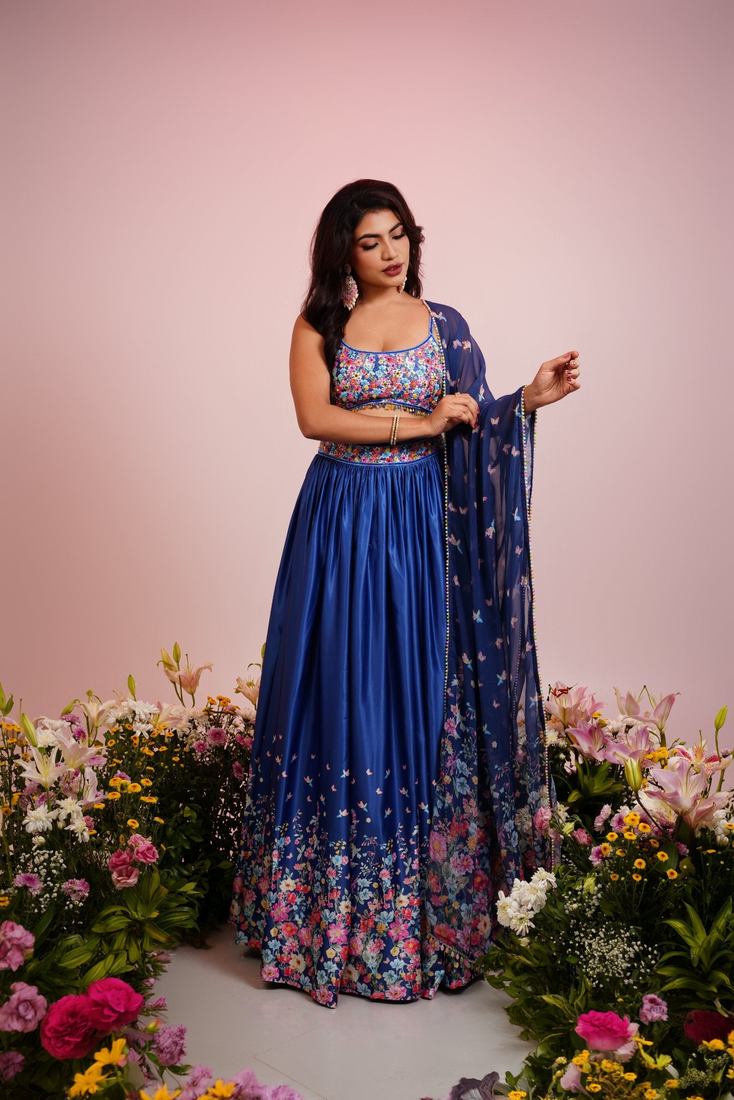 Blue Satin Floral Embroidered Lehenga Set