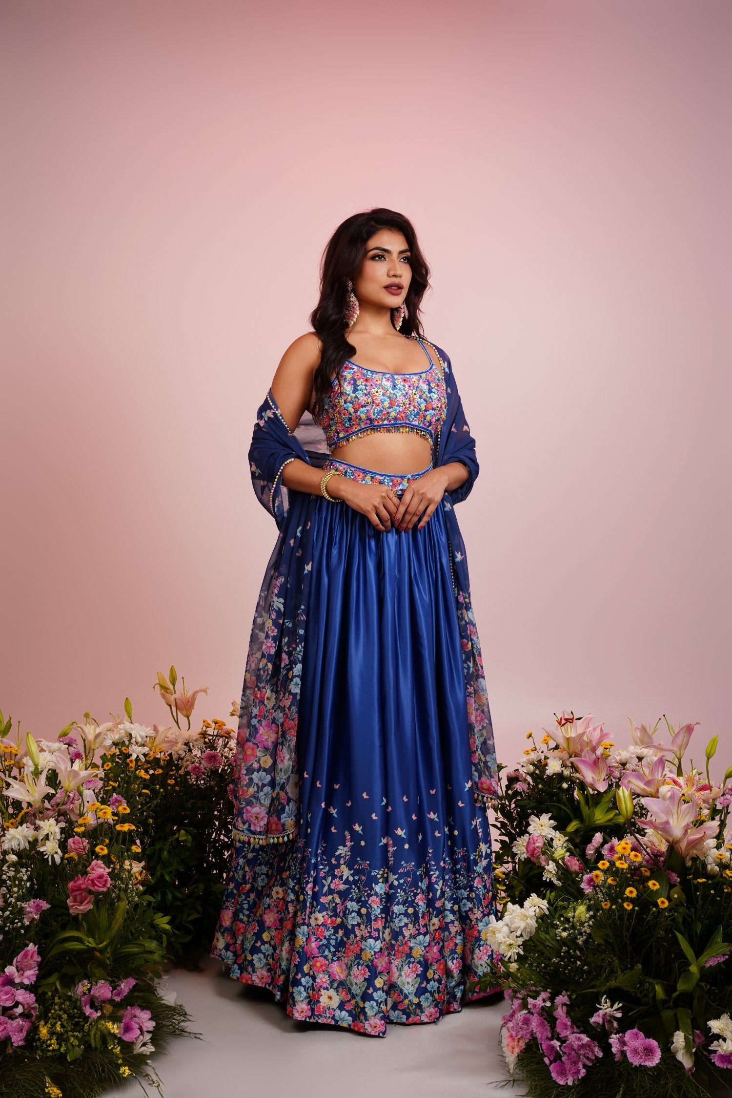 Blue Satin Floral Embroidered Lehenga Set