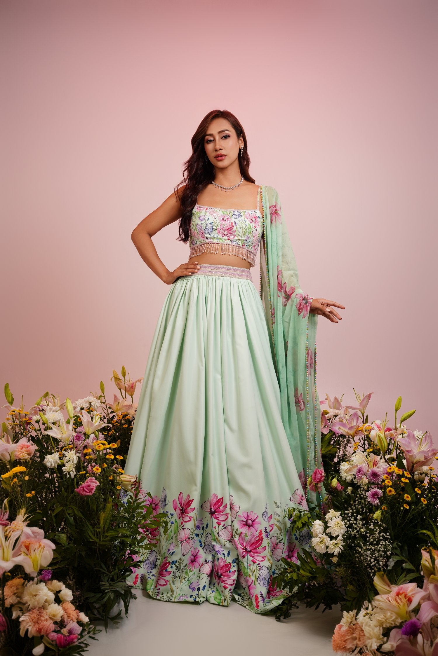 Mint Green Floral Embroidered Lehenga Set
