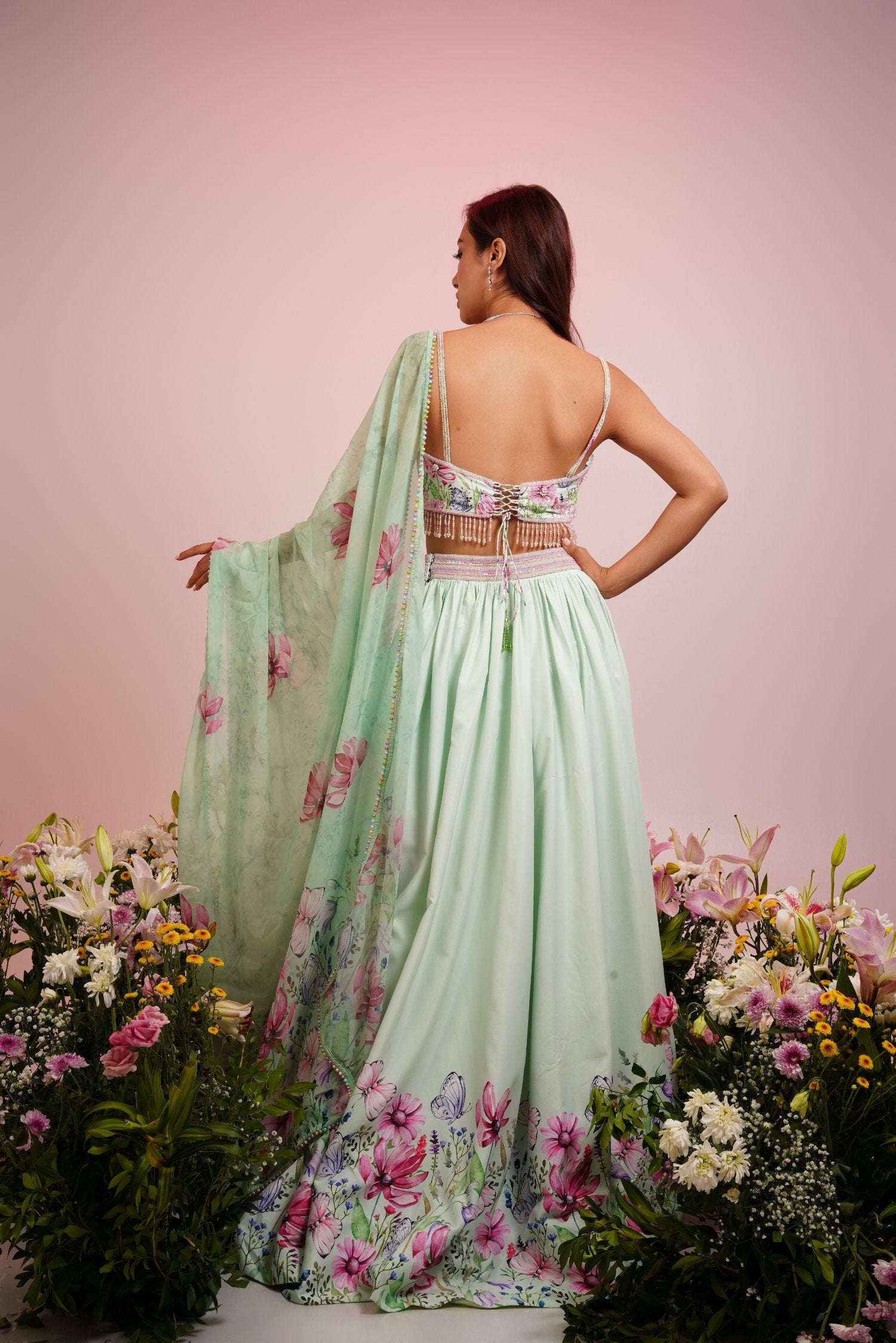 Mint Green Floral Embroidered Lehenga Set