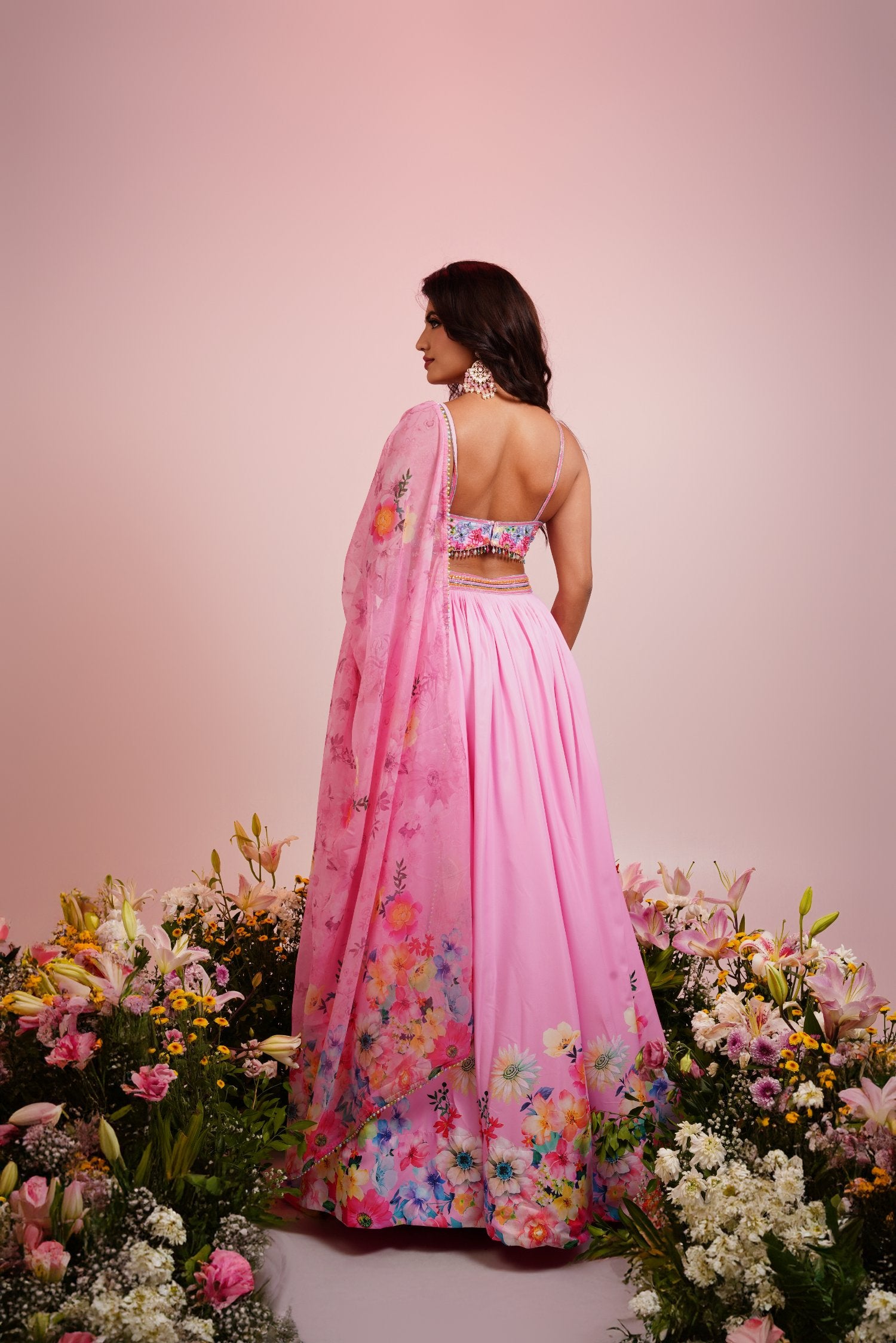 Pink Satin Floral Printed Embroidered Lehenga Set