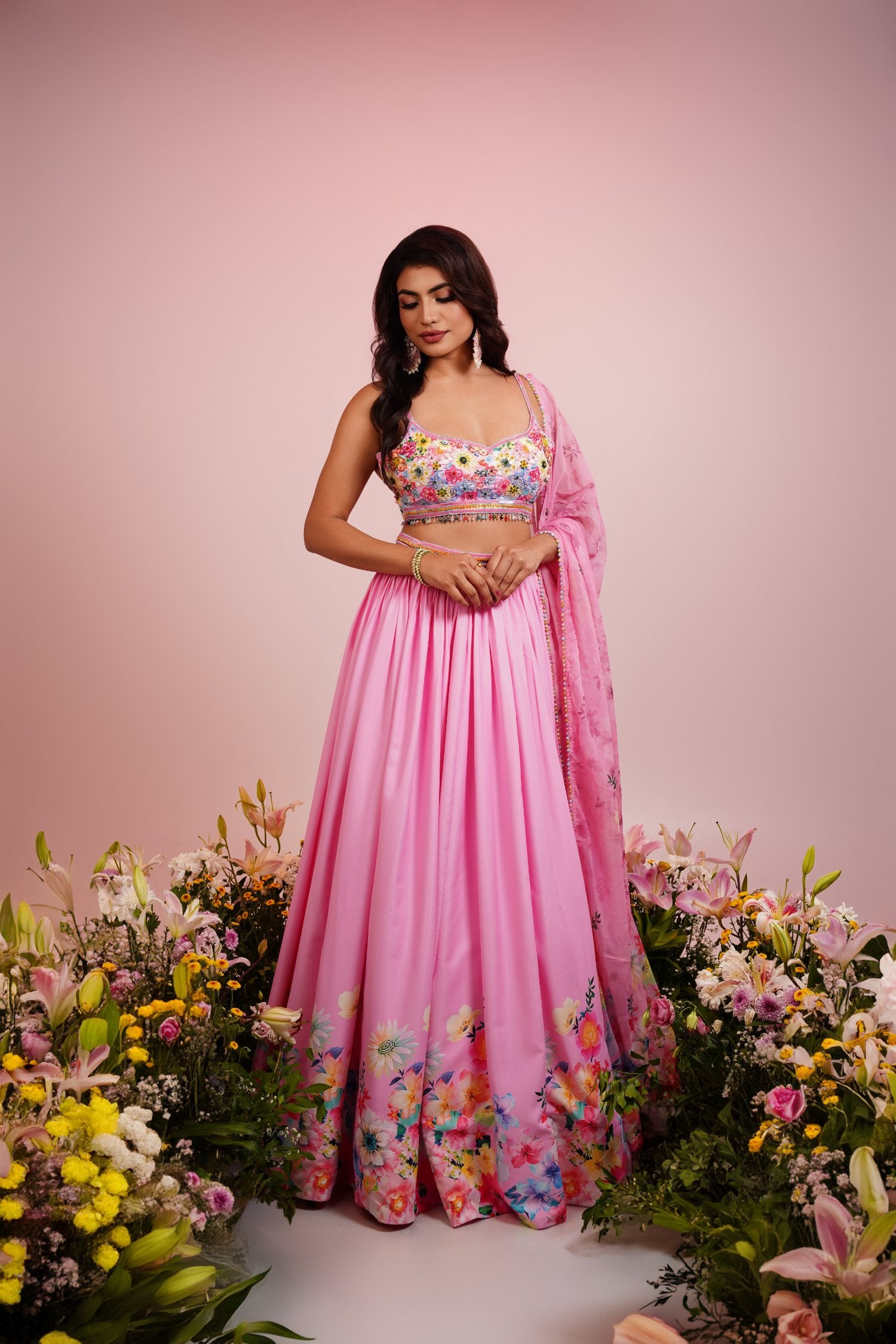 Pink Satin Floral Printed Embroidered Lehenga Set