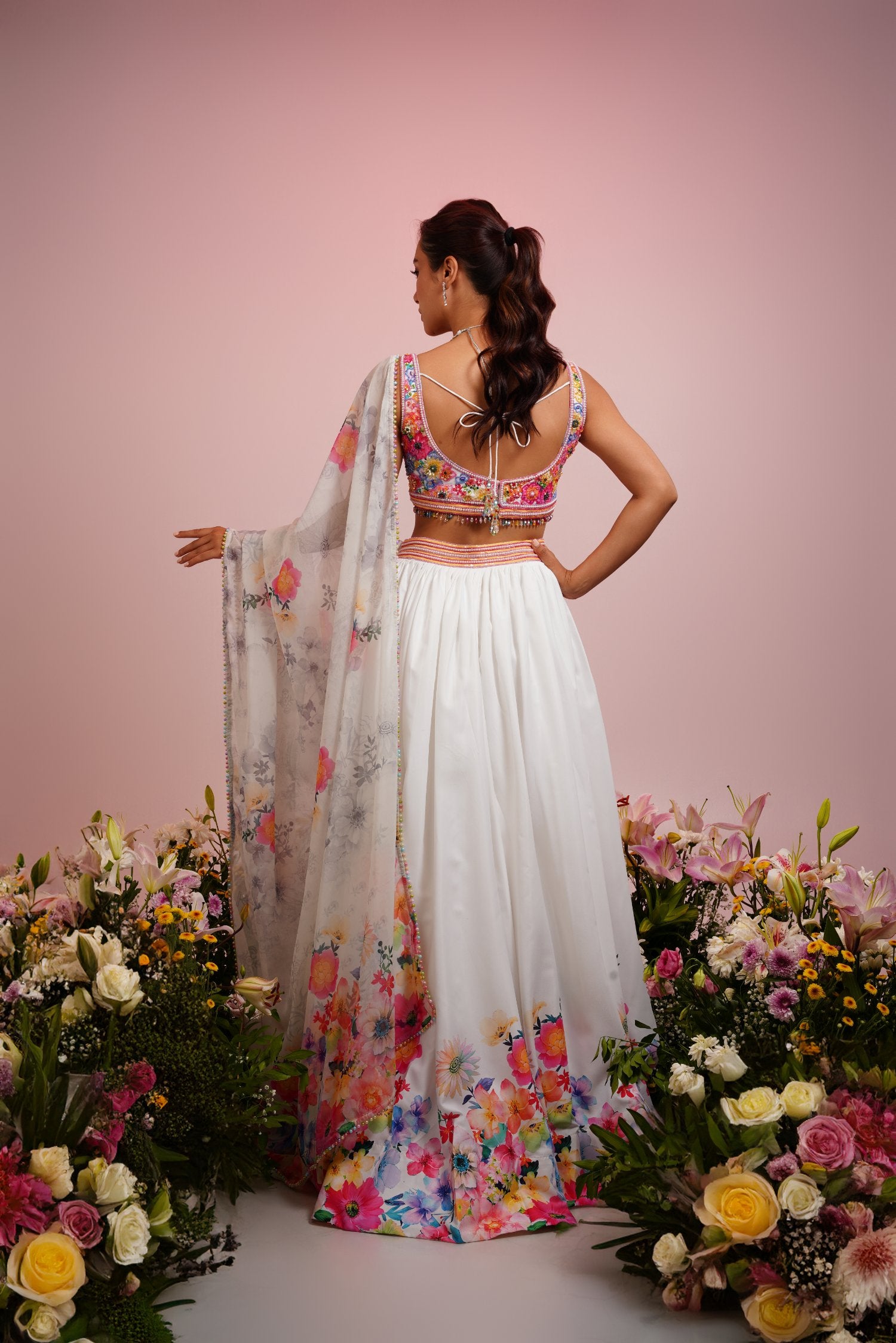 White Satin Floral Printed Embroidered Lehenga Set