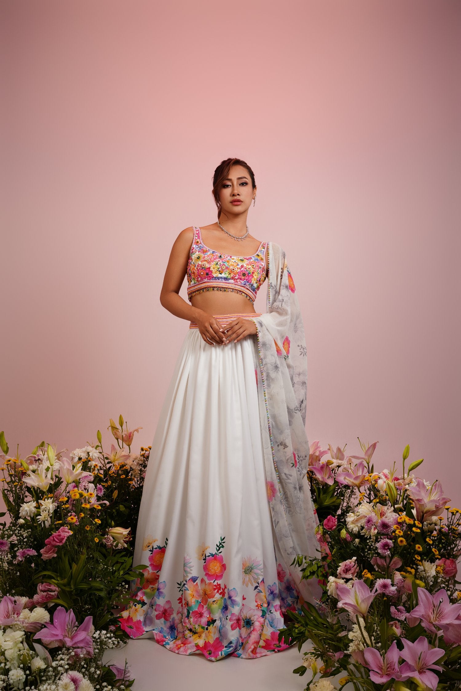 White Satin Floral Printed Embroidered Lehenga Set