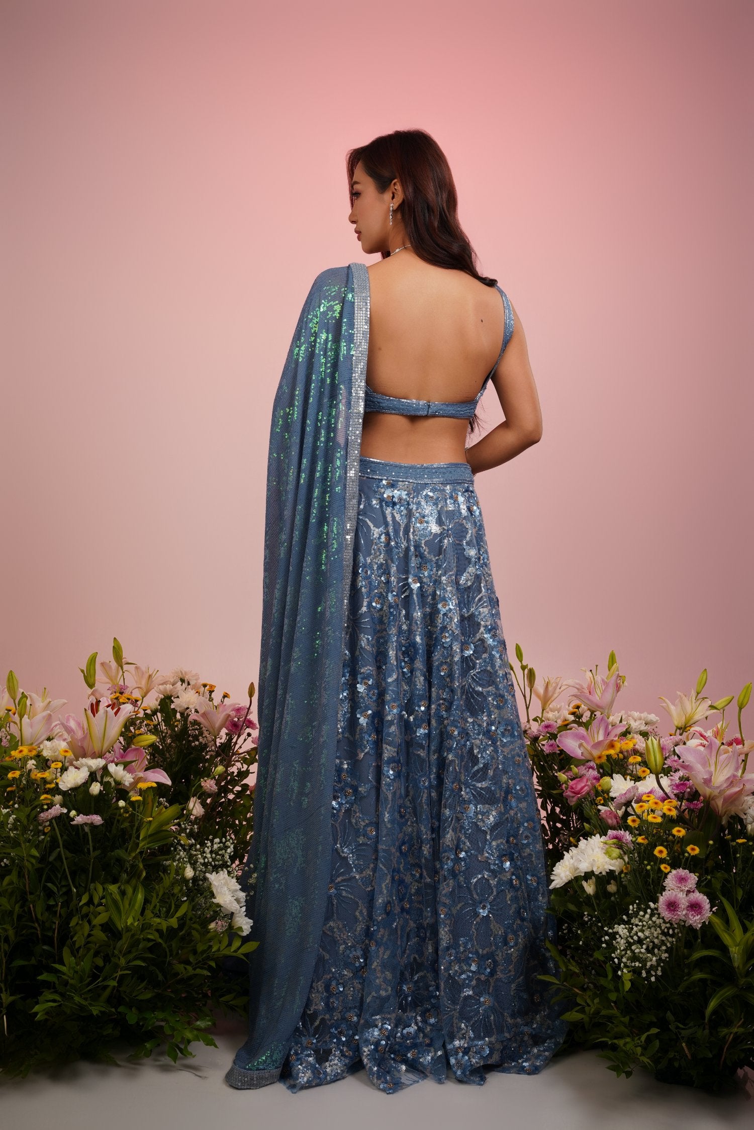 Carbon Blue Embroidered Lehenga Set