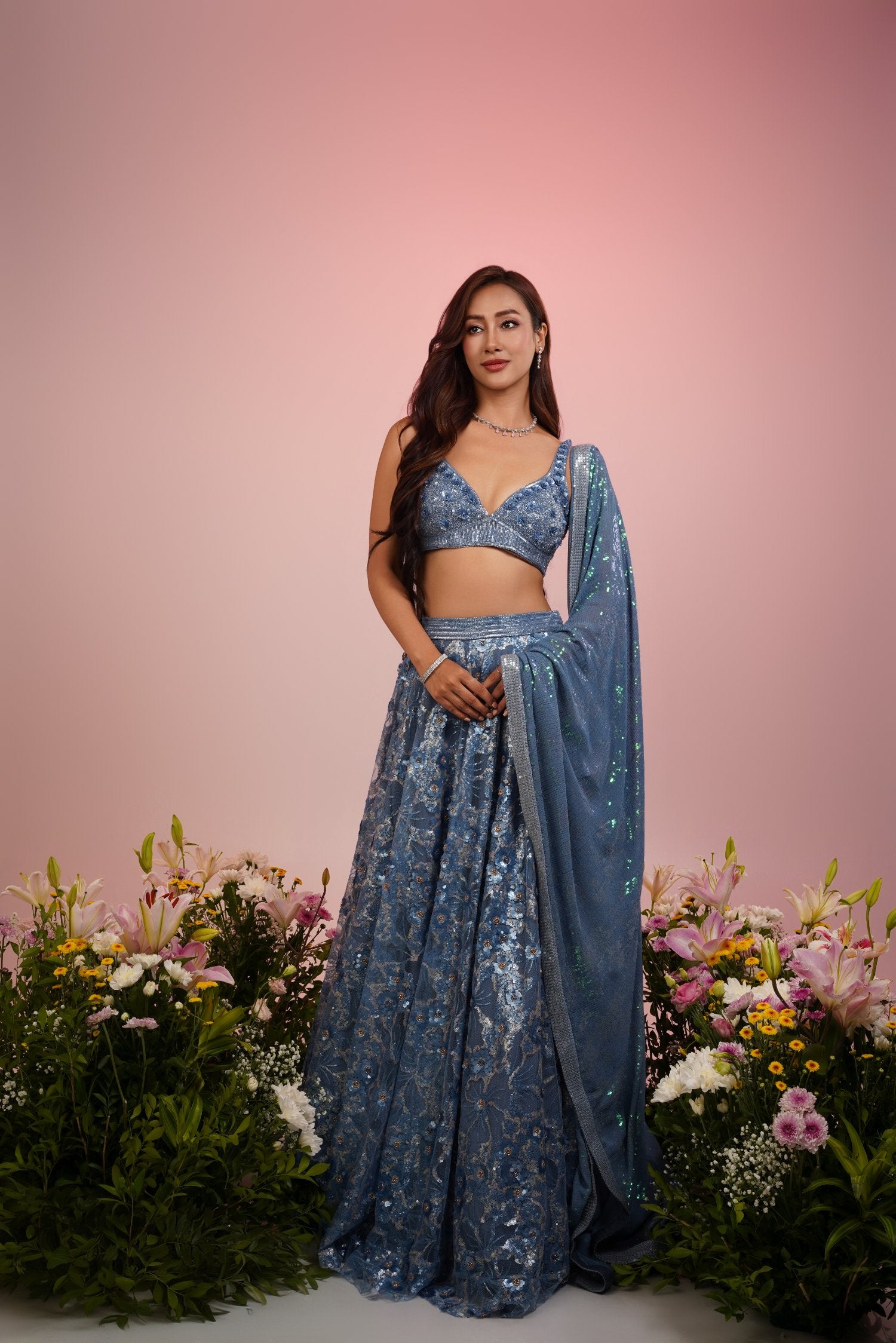 Carbon Blue Embroidered Lehenga Set