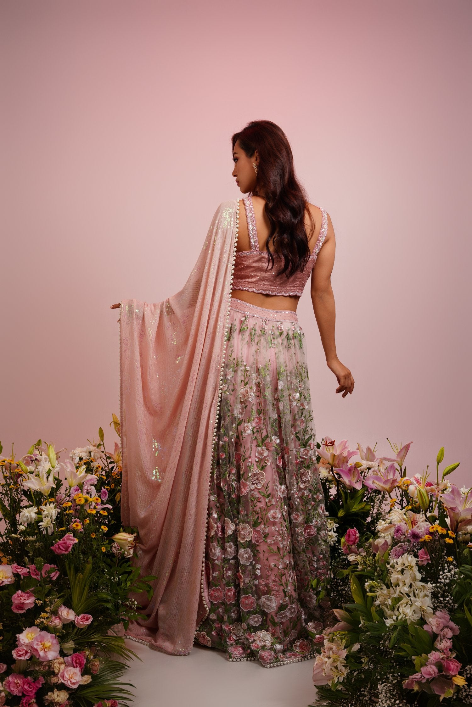 Pink Green Floral Embroidered Lehenga Set