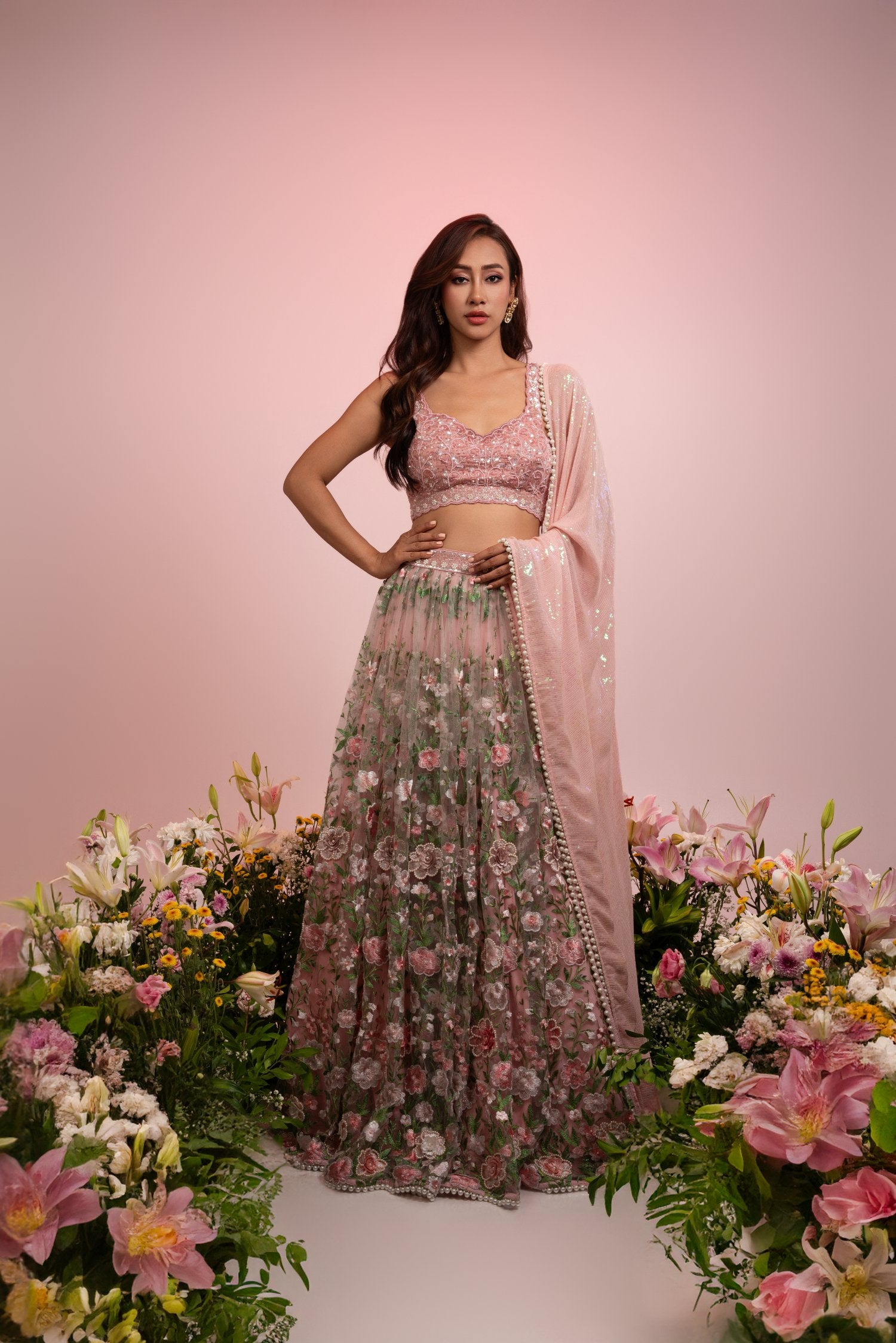 Pink Green Floral Embroidered Lehenga Set