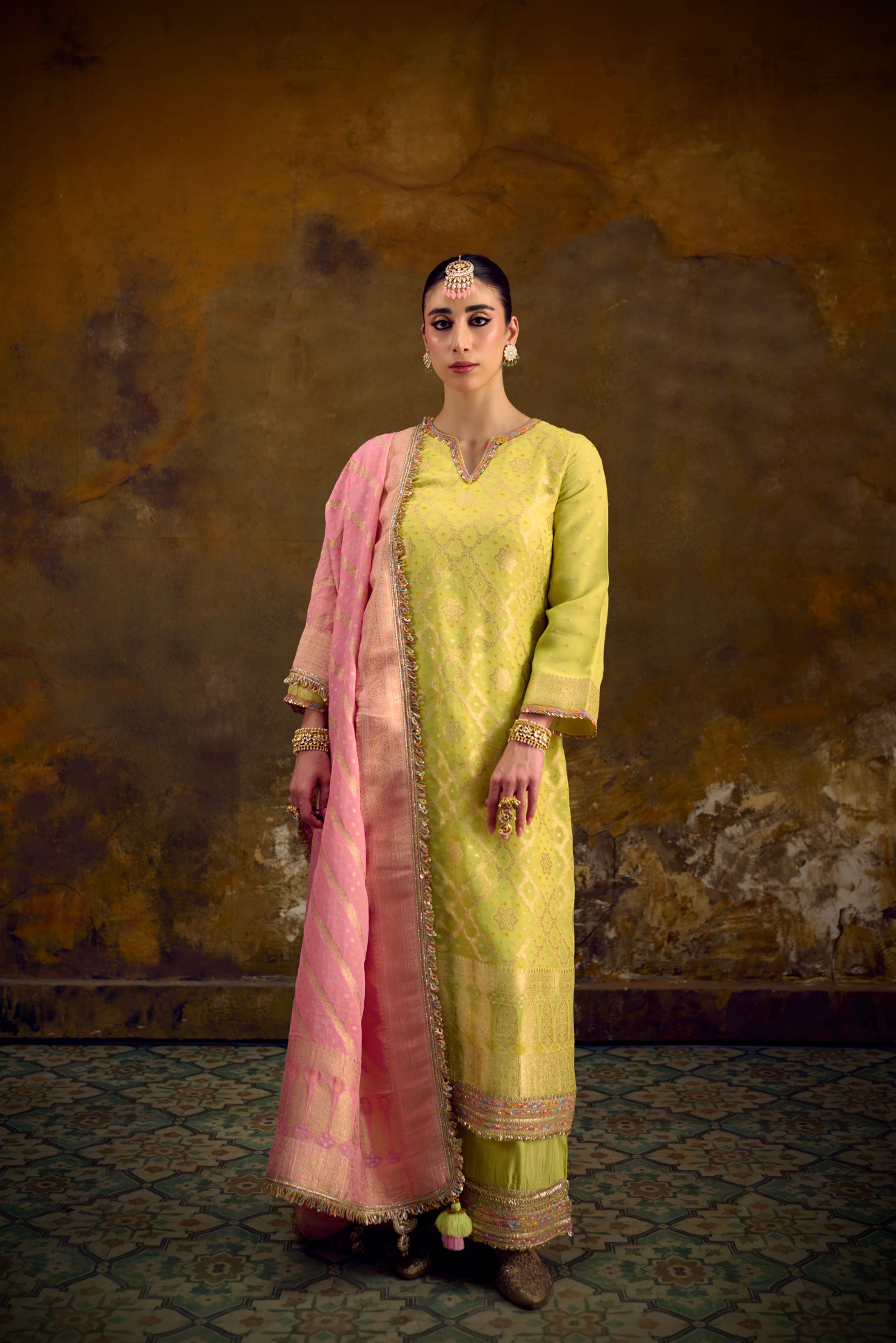 Naad Basant - Lime Green Kurta Set with Blush Pink Dupatta