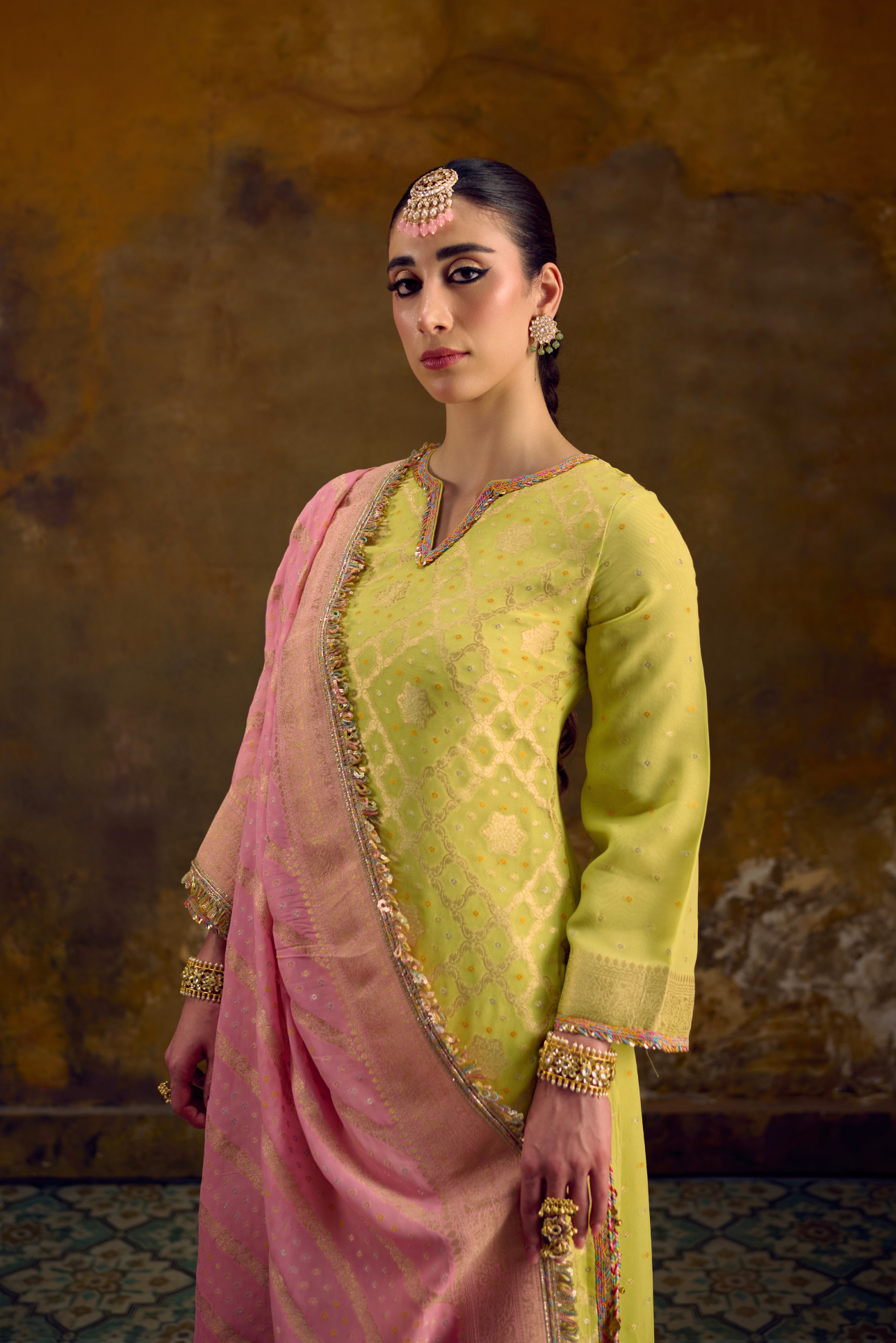 Naad Basant - Lime Green Kurta Set with Blush Pink Dupatta