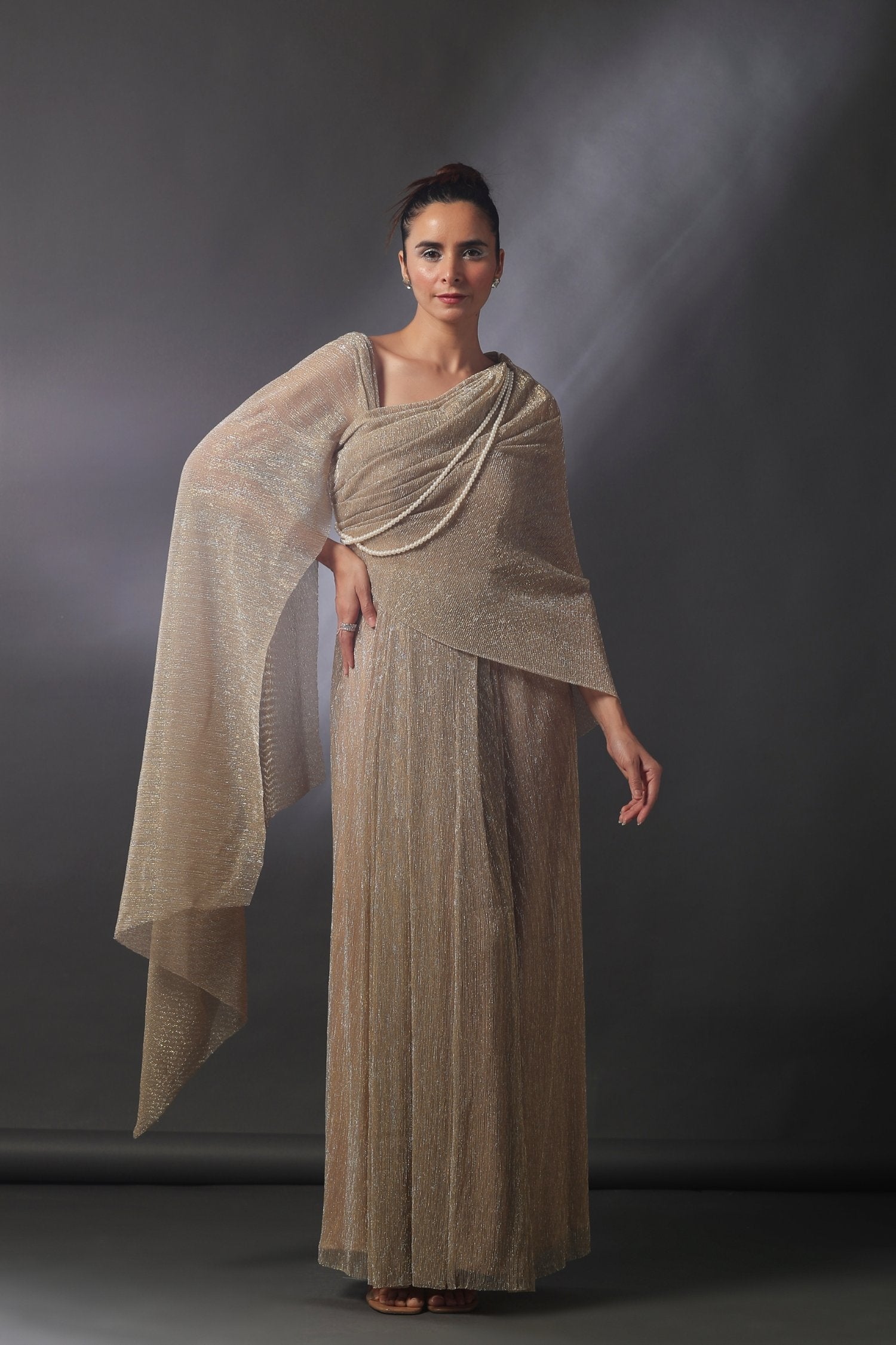 Micro Pleated Saree Draped Gown In Dull Gold AGASHE Micro Pleated Saree Draped Gown In Dull Gold AGASHE