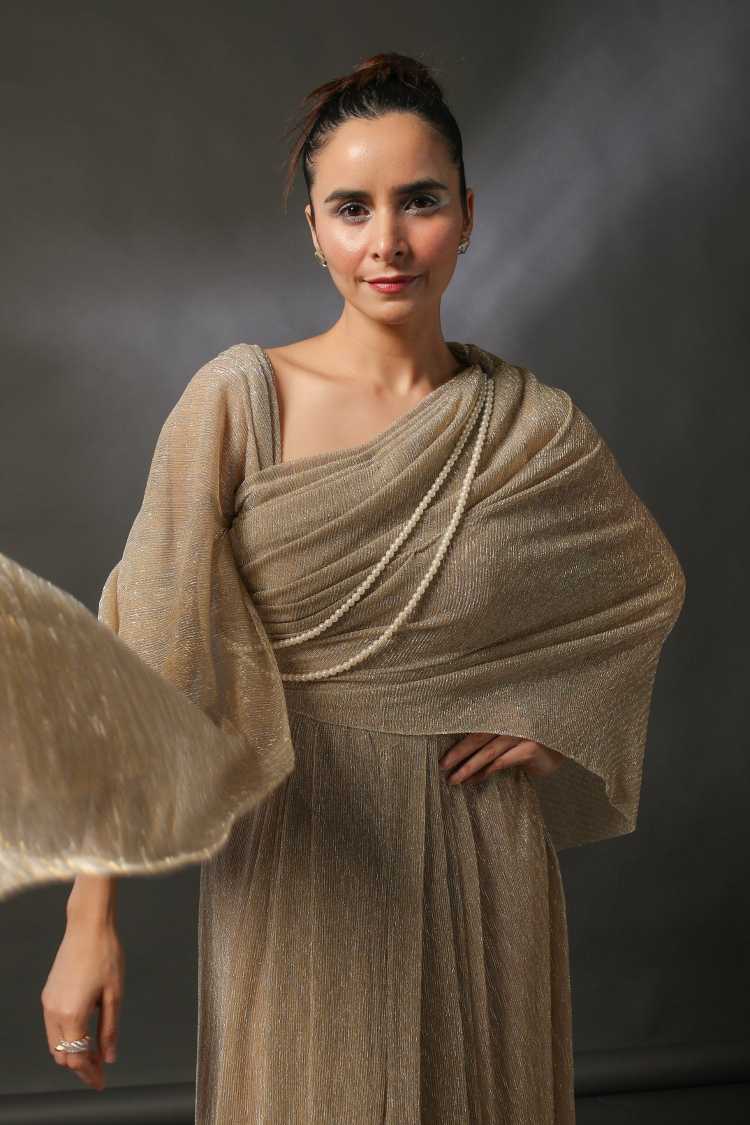 Micro Pleated Saree Draped Gown In Dull Gold
