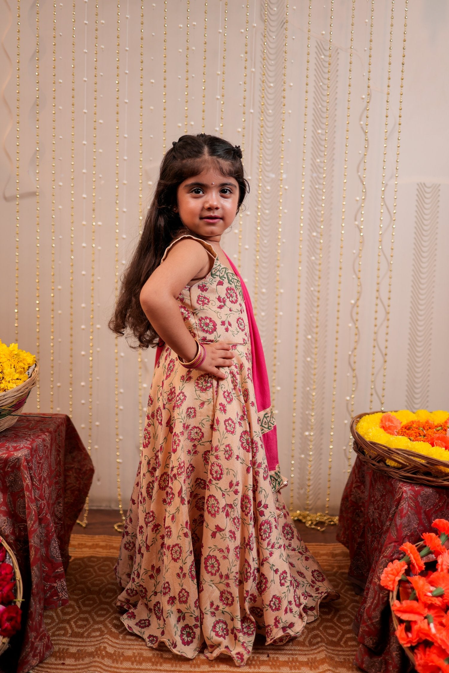 Beige Full Length Block Printed Kurta With Dupatta