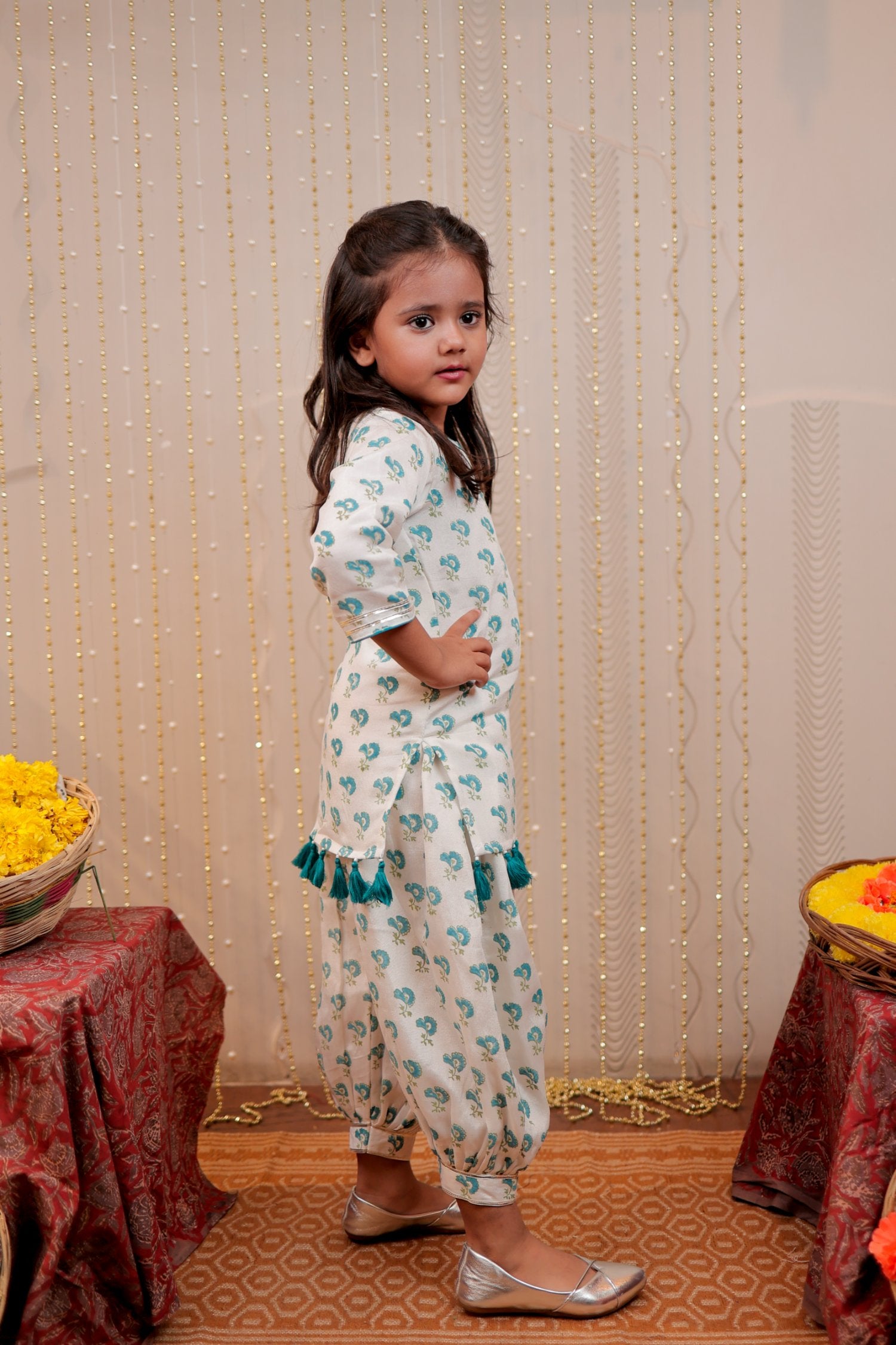 White Block Printed Kurta With Harem Style Pants.