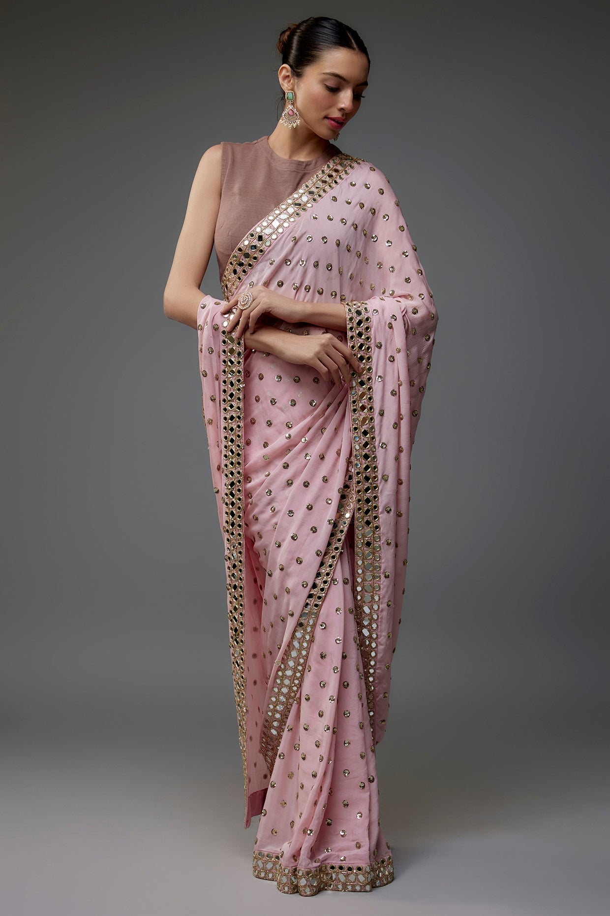 Blush Pink Chinon Sequins Hand Embroidered Saree