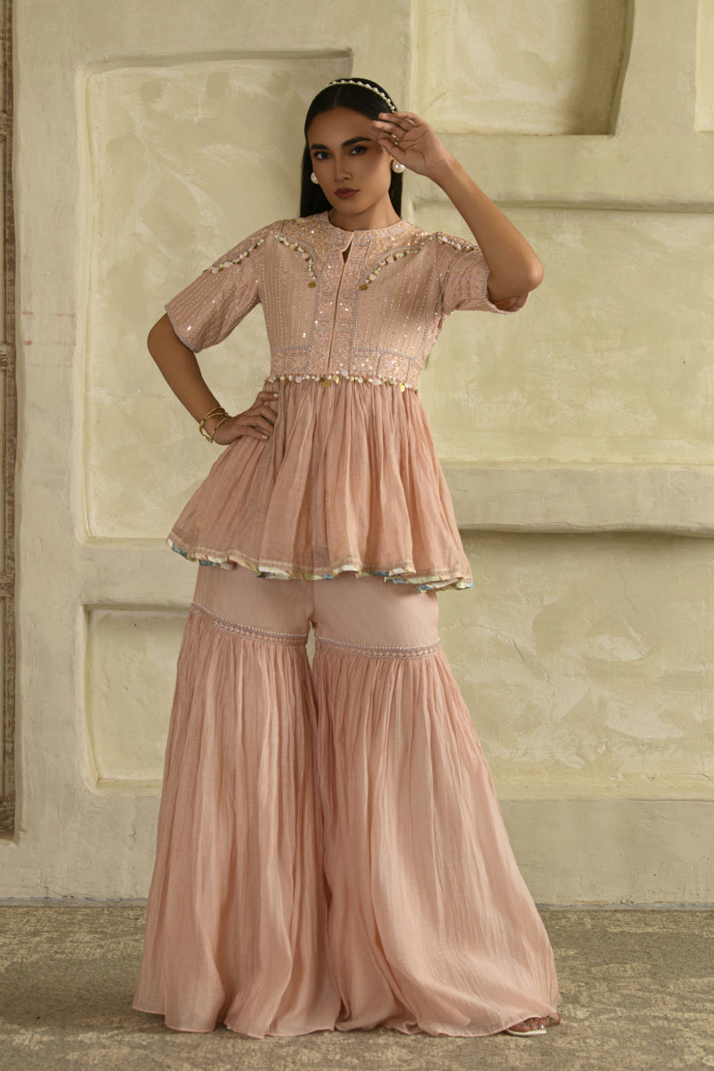 open lace back dress Blush Pink Dress With Peplum Effect & Diamonte Detail – La Creme Boutique main image 0