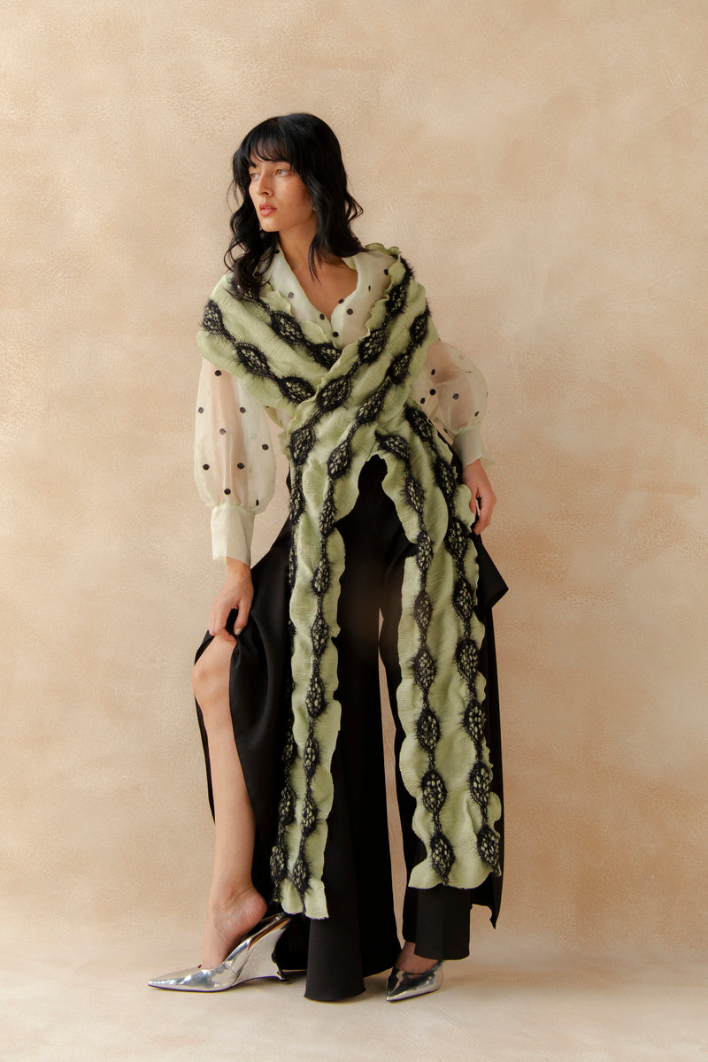 Organza Top With Flap Pants And Drape