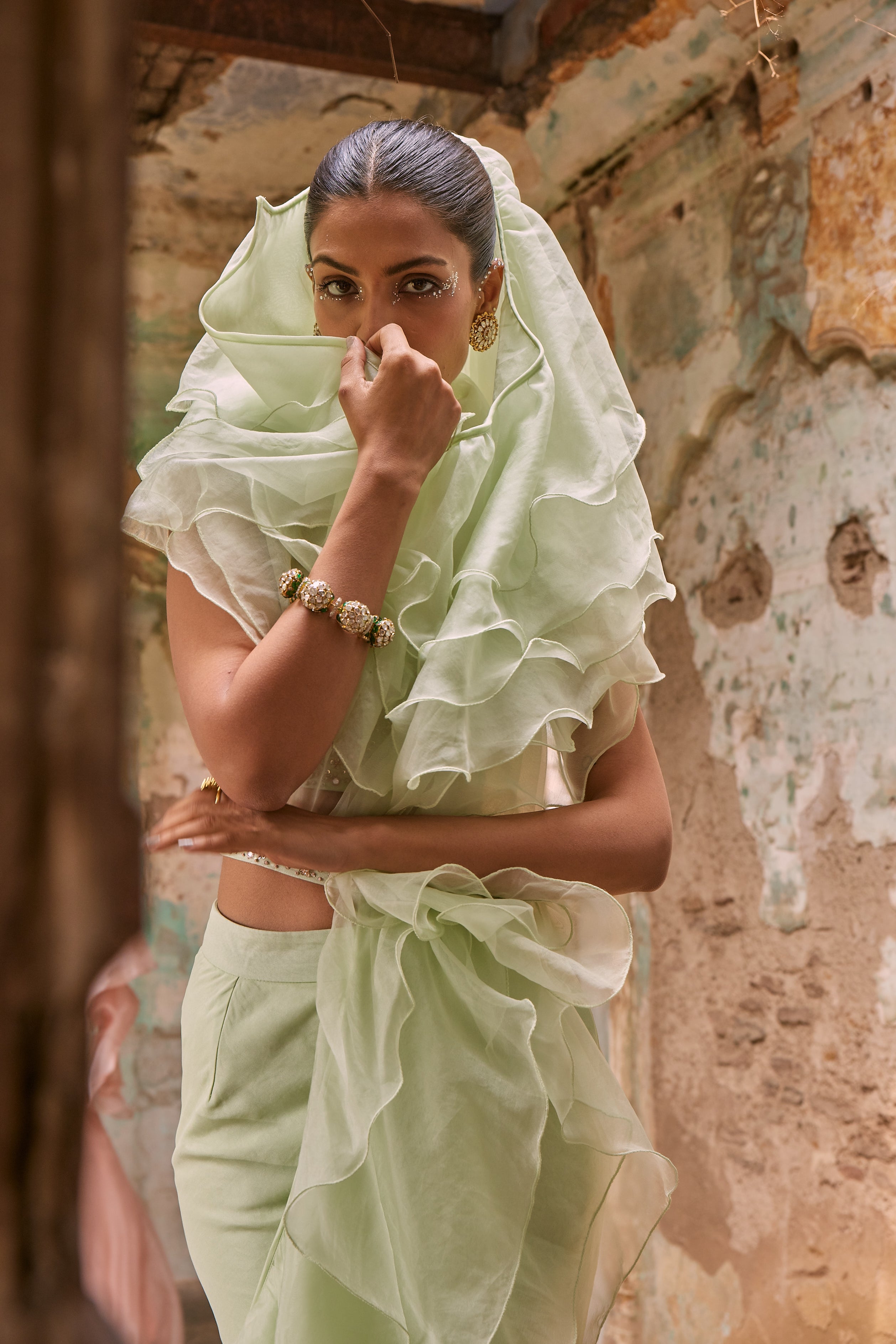 Pista green draped saree