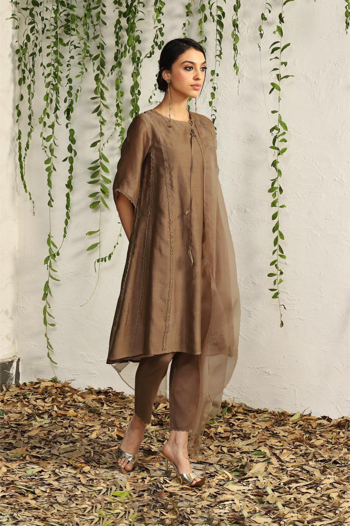 Ginger chanderi tie-up Kurta set- set of 3