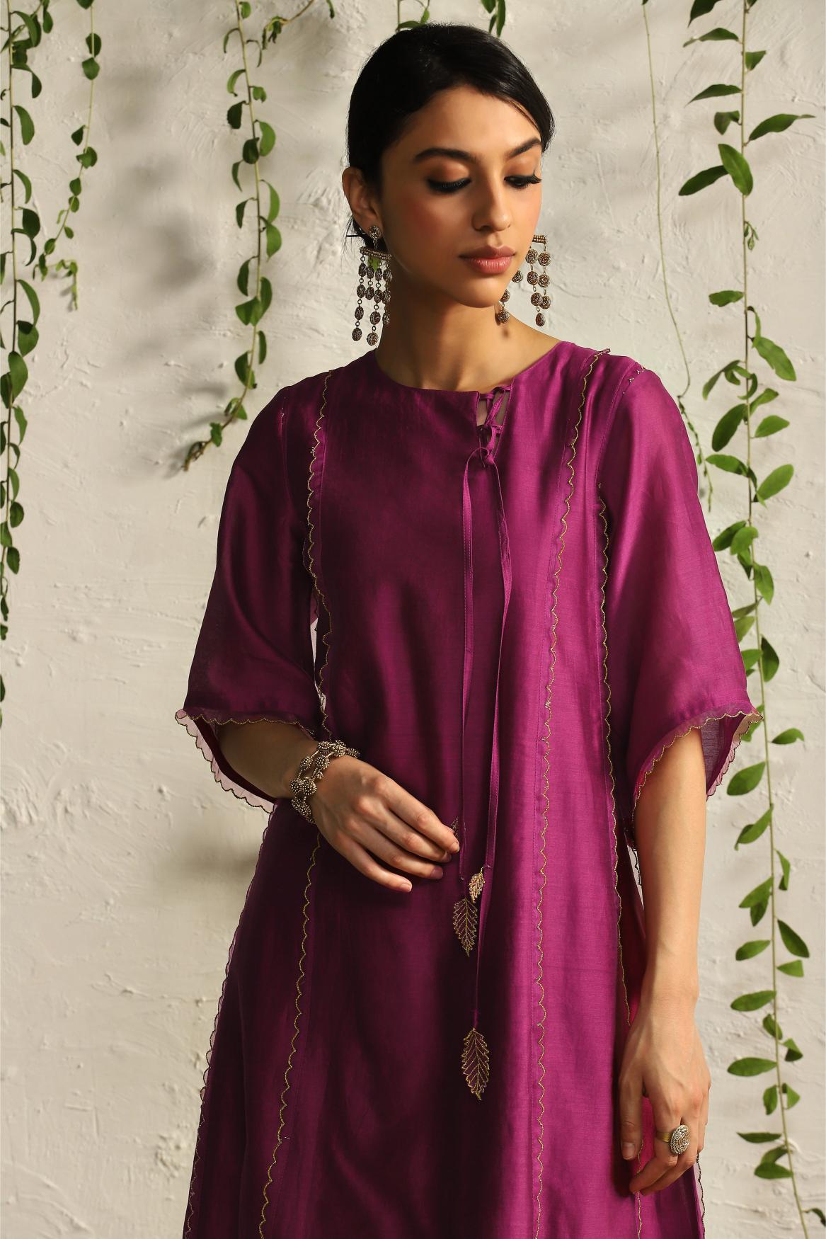 Pop Pink chanderi Tie-Up Kurta set- set of 3
