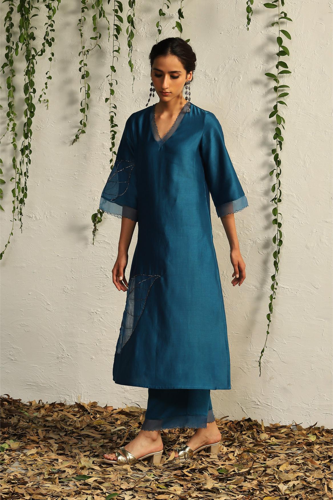 True Blue chanderi straight kurta set - Set of 3