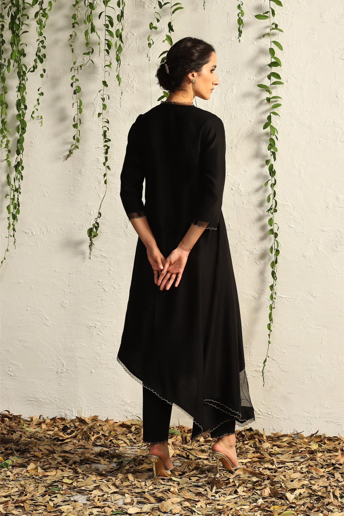 Black chanderi asymmetrical Kurta set- set of 3