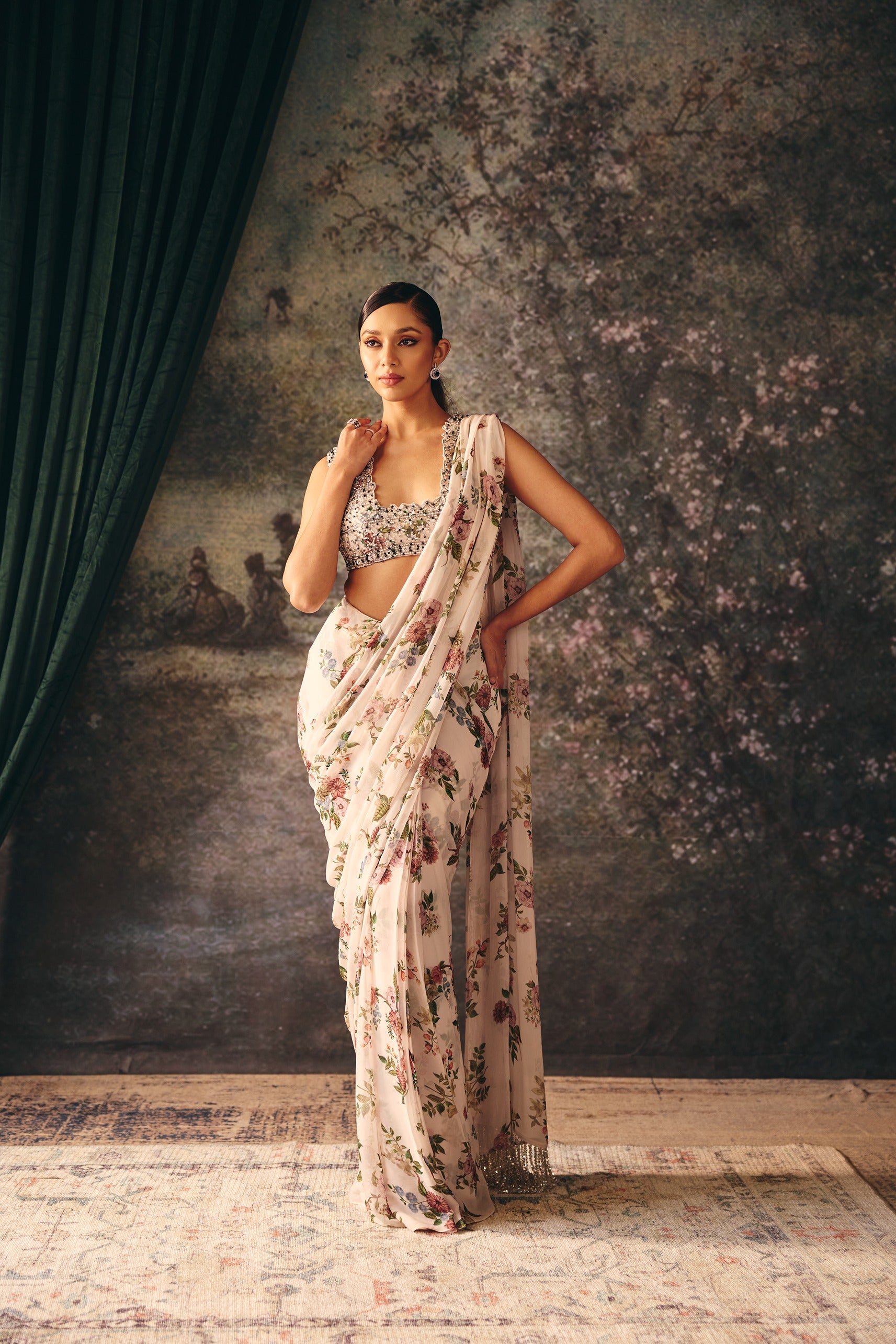 ELYSIA: Ivory & Thyme Printed Saree With Blouse