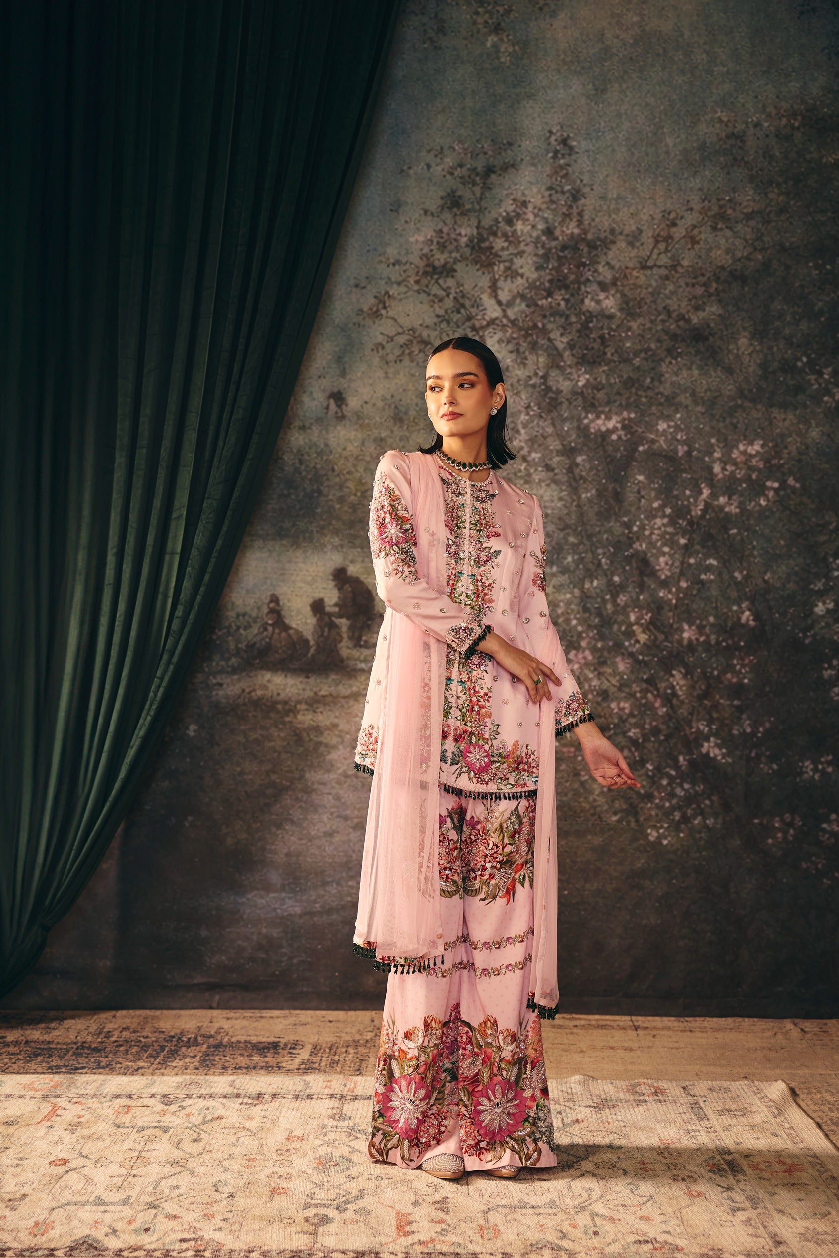 SILVARA: Primrose Pink Printed Jacket & Palazzo
