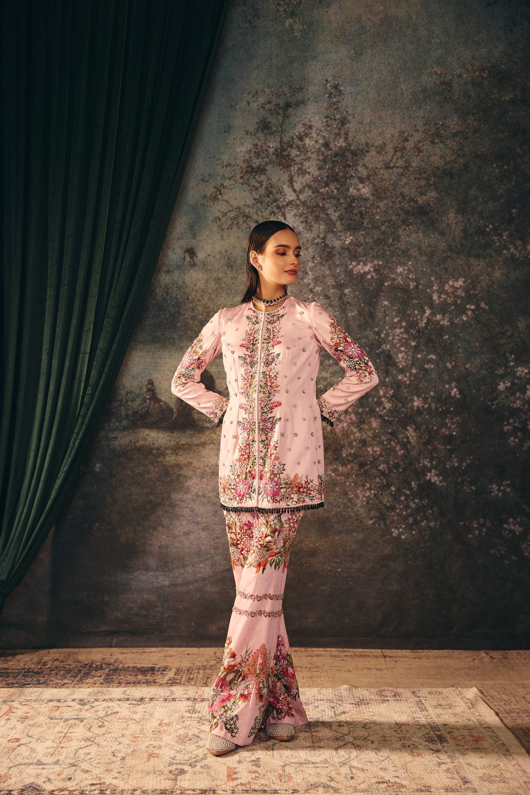 SILVARA: Primrose Pink Printed Jacket & Palazzo