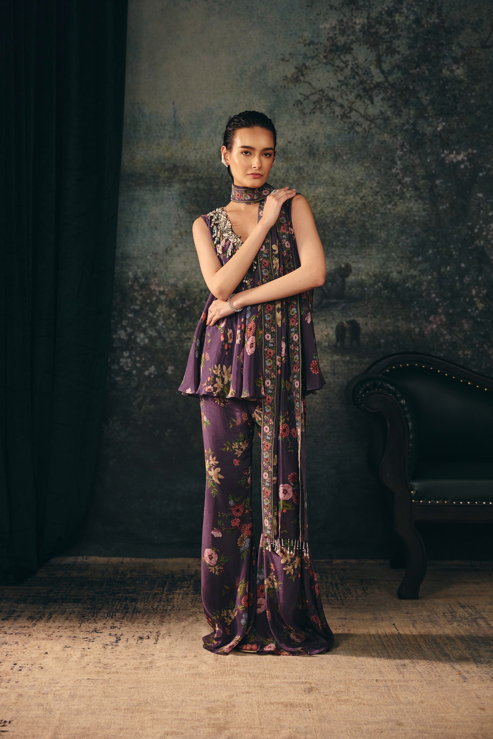 MIRAYA: Mauve Wine Printed Top & Palazzo With Printed Stole