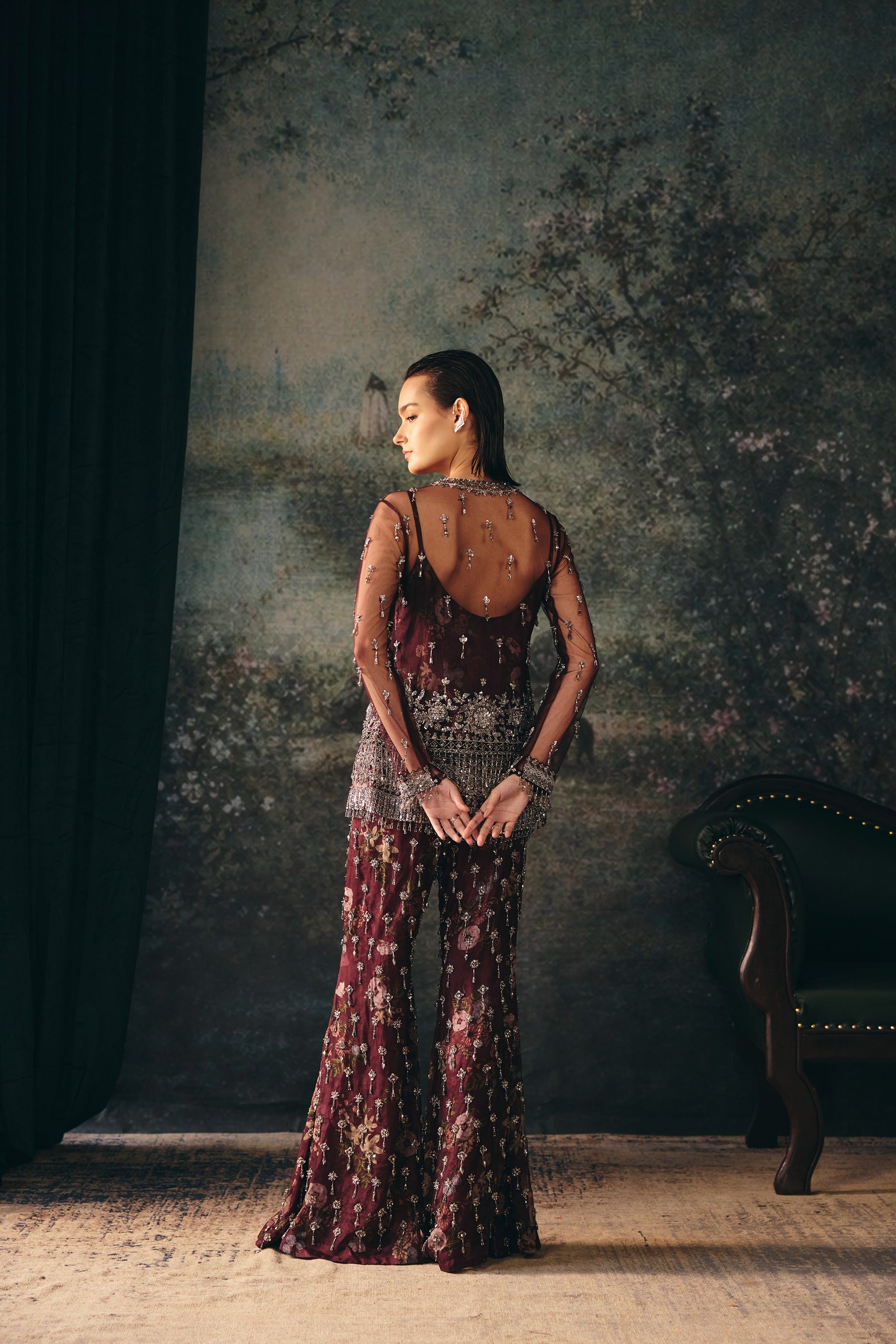 MALINE: Vintage Vine Embroidered Jacket, Inner Slip & Sharara Set