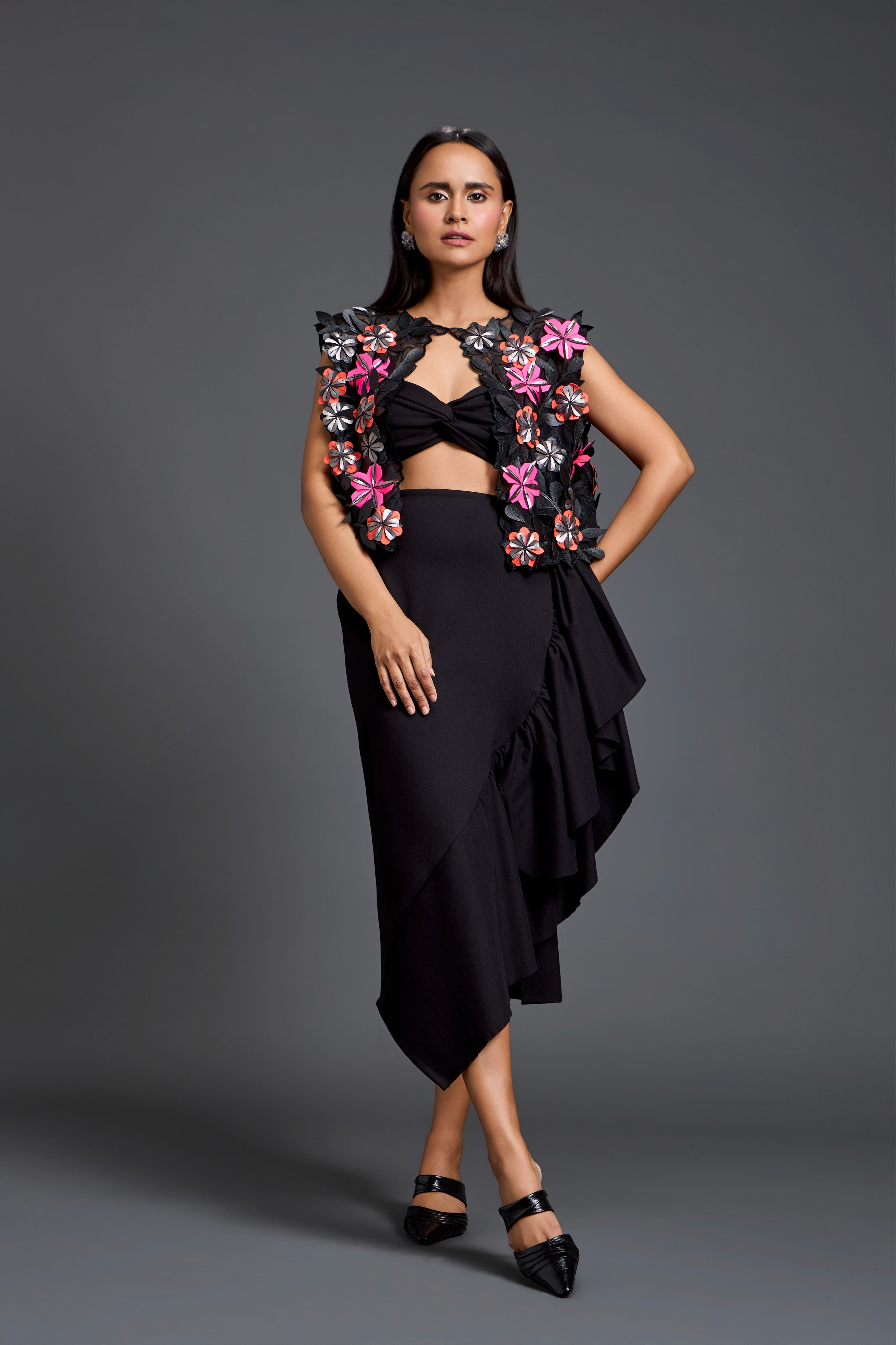 Black Laser-Cut Floral Cape Set