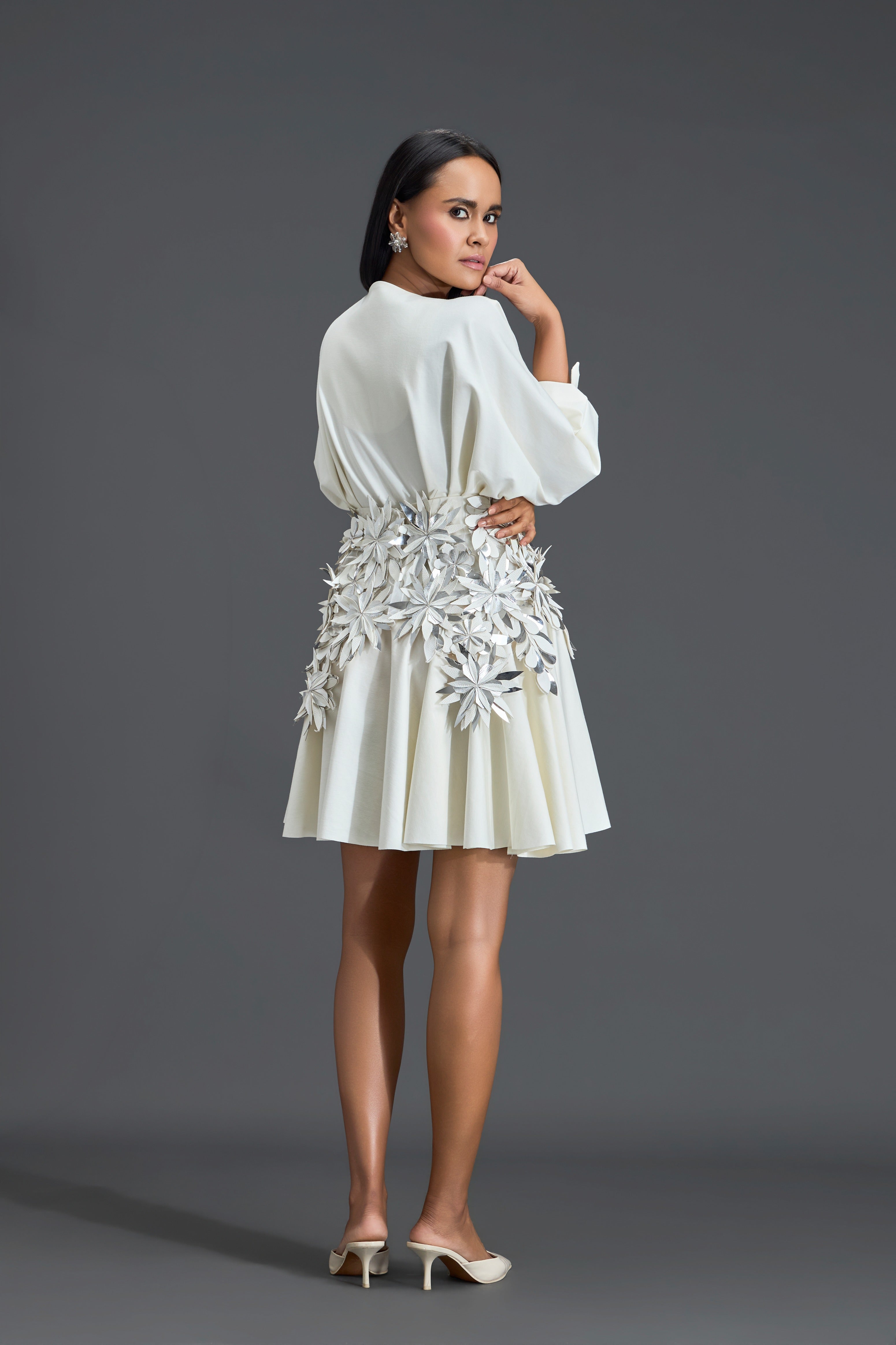 White V-Neck Dress With Floral Belt