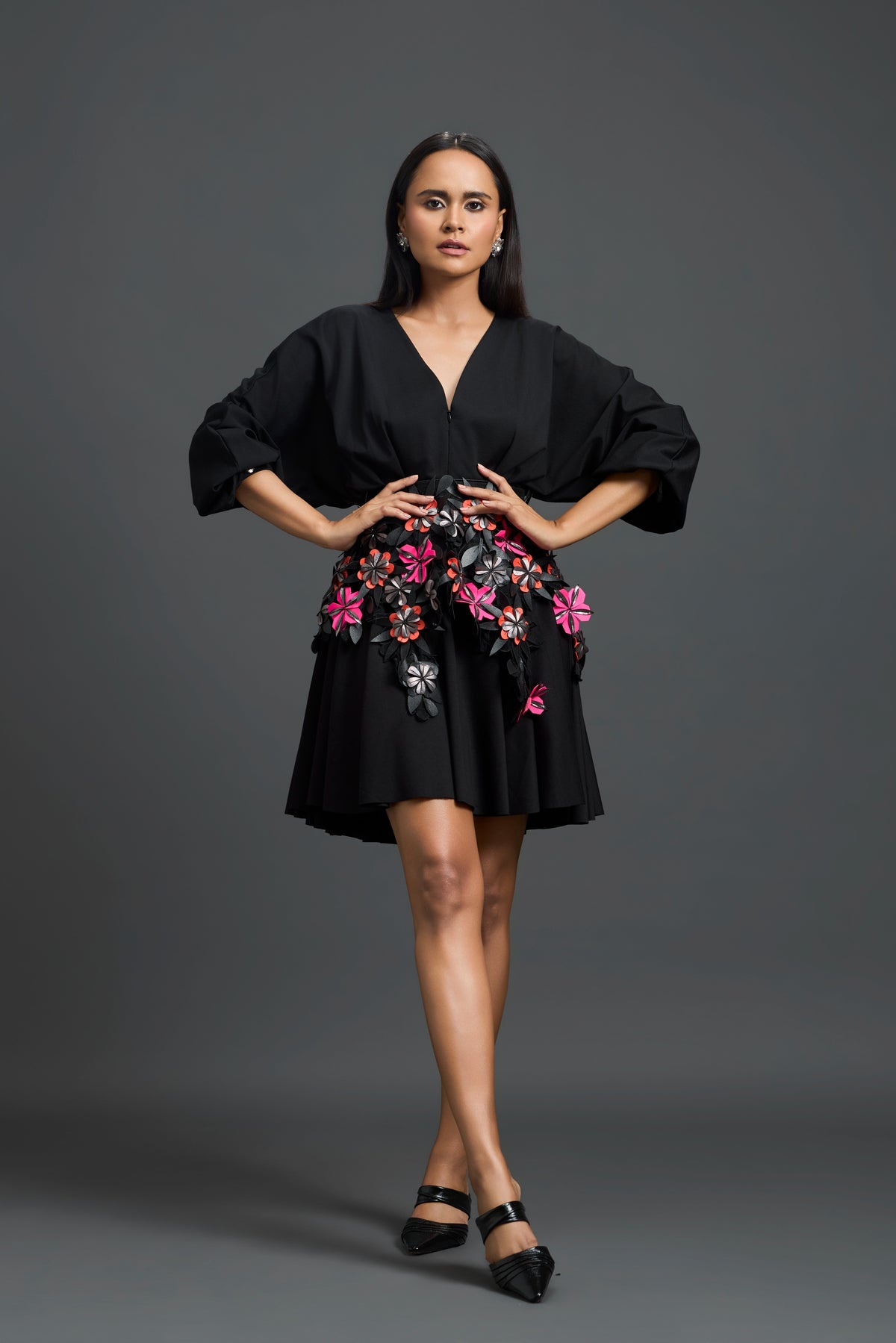 Black V-Neck Dress With Floral Belt